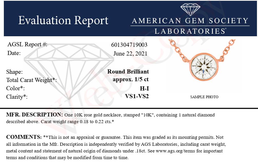 Collana con ciondolo regolabile da 16-18" in oro rosa 10K certificato AGS con diamante solitario rotondo da 1/5 ct incastonato su castone (colore HI, purezza VS1-VS2) - Friggin Jewelry