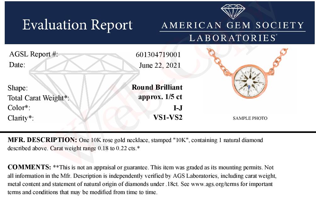 Collana con ciondolo regolabile da 16-18" in oro rosa 10K certificato AGS con diamante solitario rotondo da 1/5 ct incastonato su castone (colore IJ, purezza VS1-VS2) - Friggin Jewelry