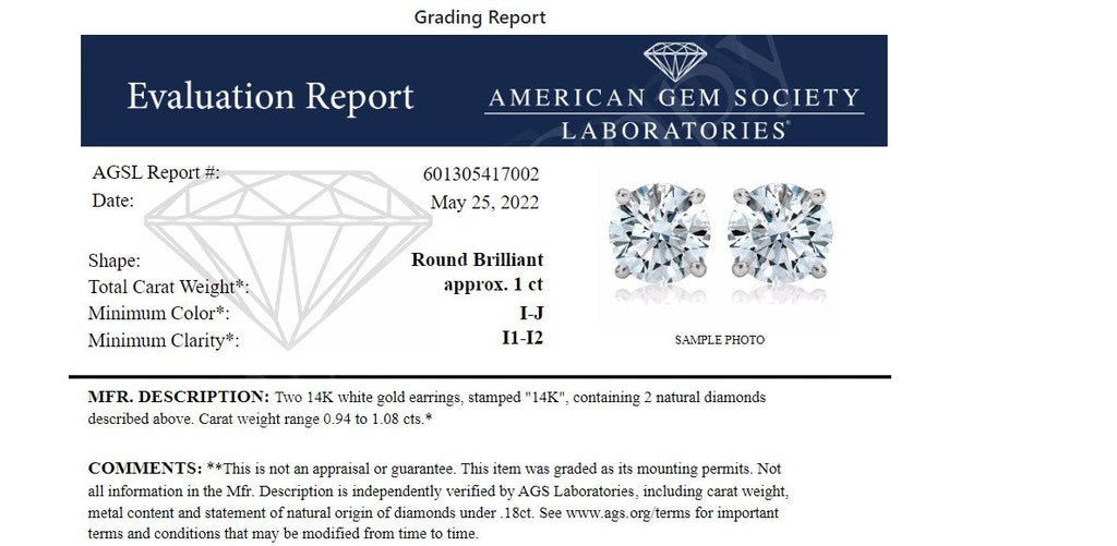 Aretes de botón con diamante solitario de talla redonda brillante engastado en 4 puntas, de oro blanco de 14 quilates con certificación AGS (color IJ, claridad I1-I2) - Friggin Jewelry