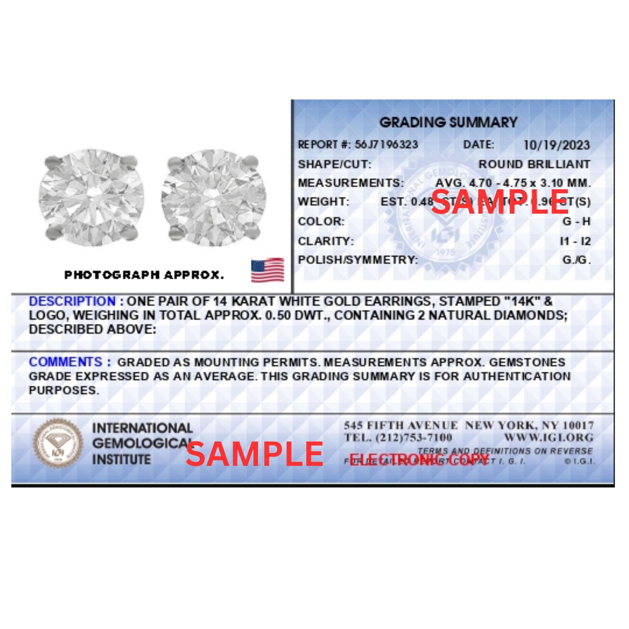 Aretes de botón con cierre a presión y diamante solitario de talla redonda brillante engastado en 4 puntas, en oro blanco de 14 quilates con certificación IGI (color GH, claridad I1-I2) - Friggin Jewelry