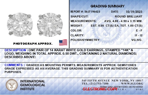 AGS Certified 14K White Gold 1.0 Cttw 4-Prong Set Brilliant Round-Cut Solitaire Diamond Push Back Stud Earrings (E-F Color, I1-I2 Clarity) - Friggin Jewelry