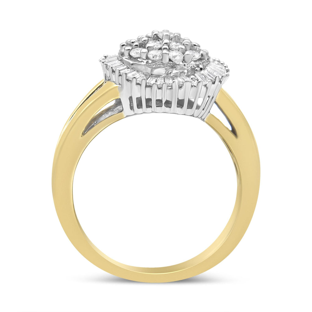 Anello da cocktail a forma di ballerina in oro giallo e bianco 14 carati con diamanti taglio baguette e taglio rotondo da 1,00 ct (colore HI, purezza SI2-I1) - Friggin Jewelry