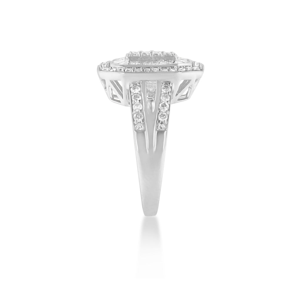 Anello cattedrale in argento sterling 925 con diamanti taglio baguette e taglio rotondo (0,75 ct, colore HI, purezza I2-I3) - Friggin Jewelry