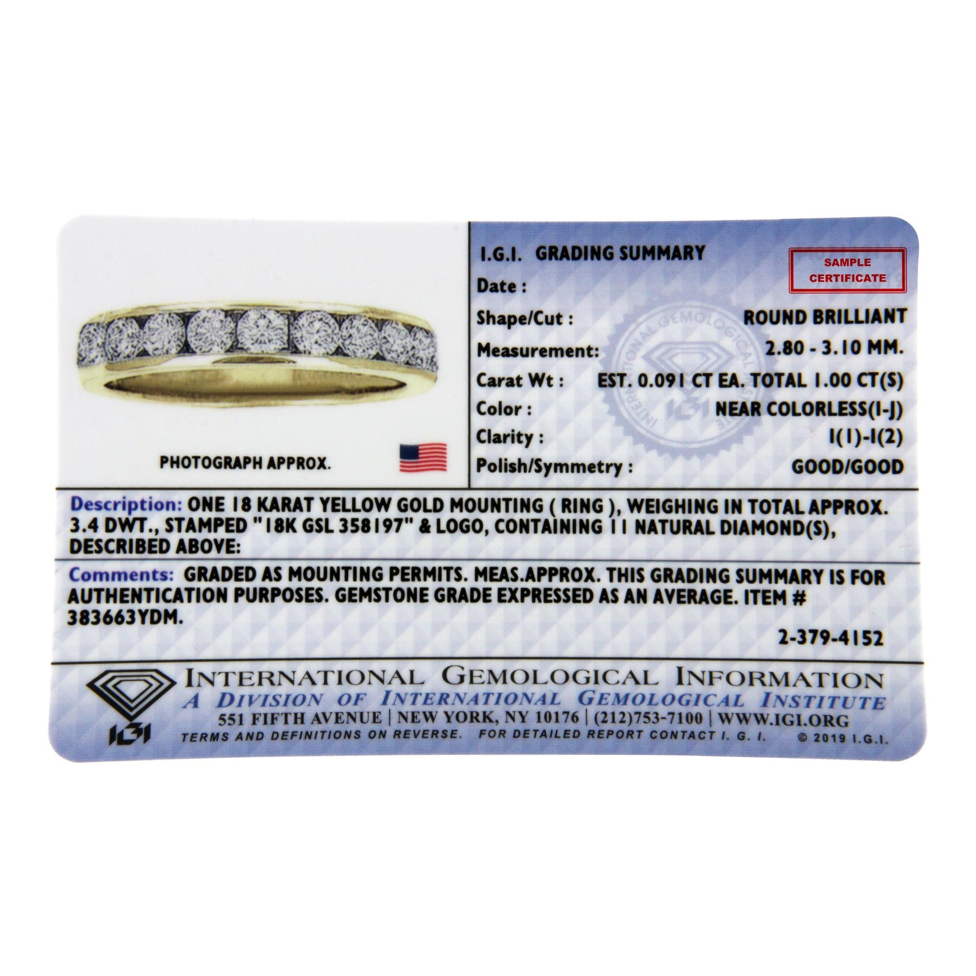 Anillo de aniversario/boda en oro amarillo de 18 quilates con certificación IGI, 1,0 cttw, diamantes de talla redonda engastados en canal y 11 piedras (color IJ, claridad I1-I2) - Friggin Jewelry