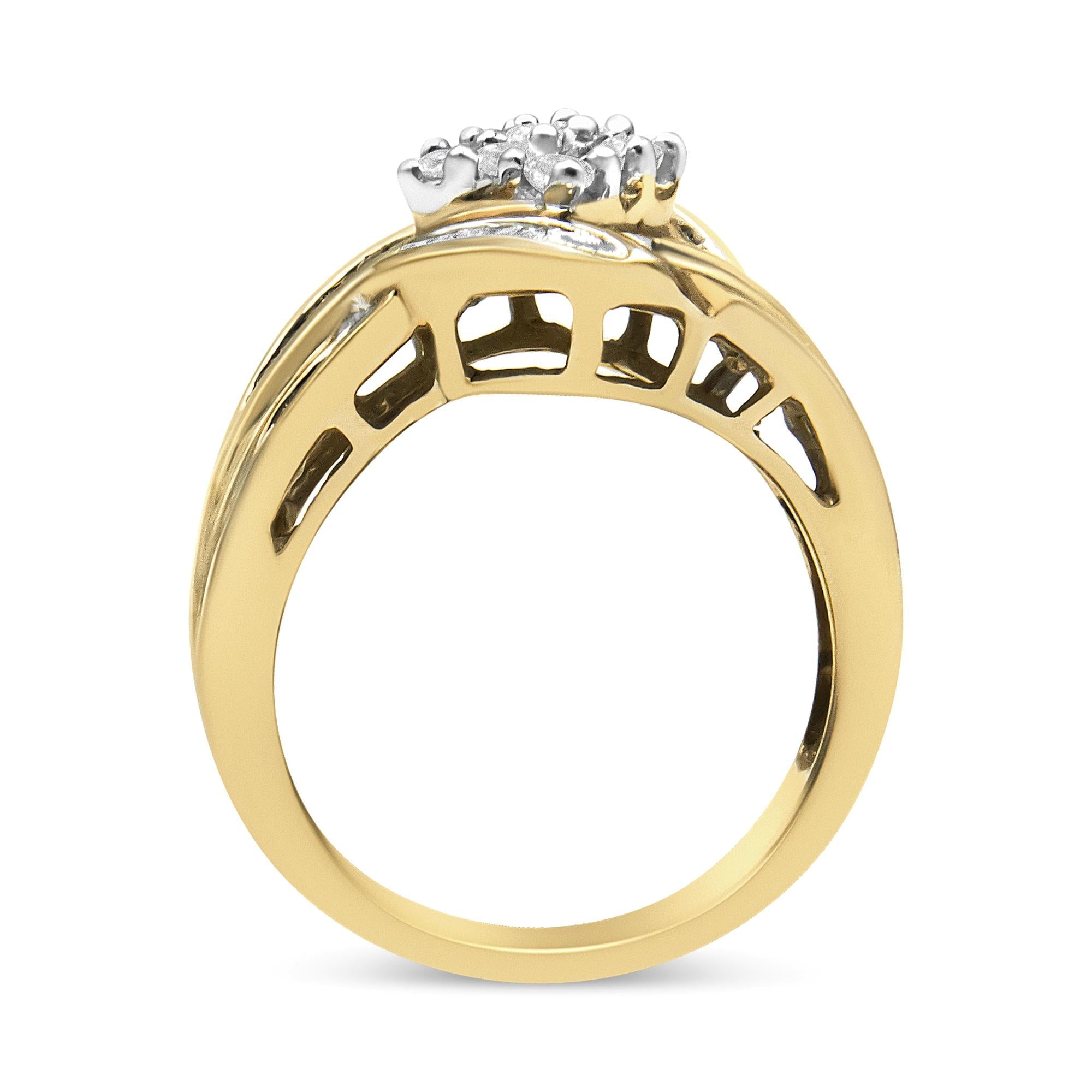10K Yellow and White Gold 3/4 Cttw Diamond Cluster and Swirl Ring (H-I Color, I1-I2 Clarity) - Friggin Jewelry