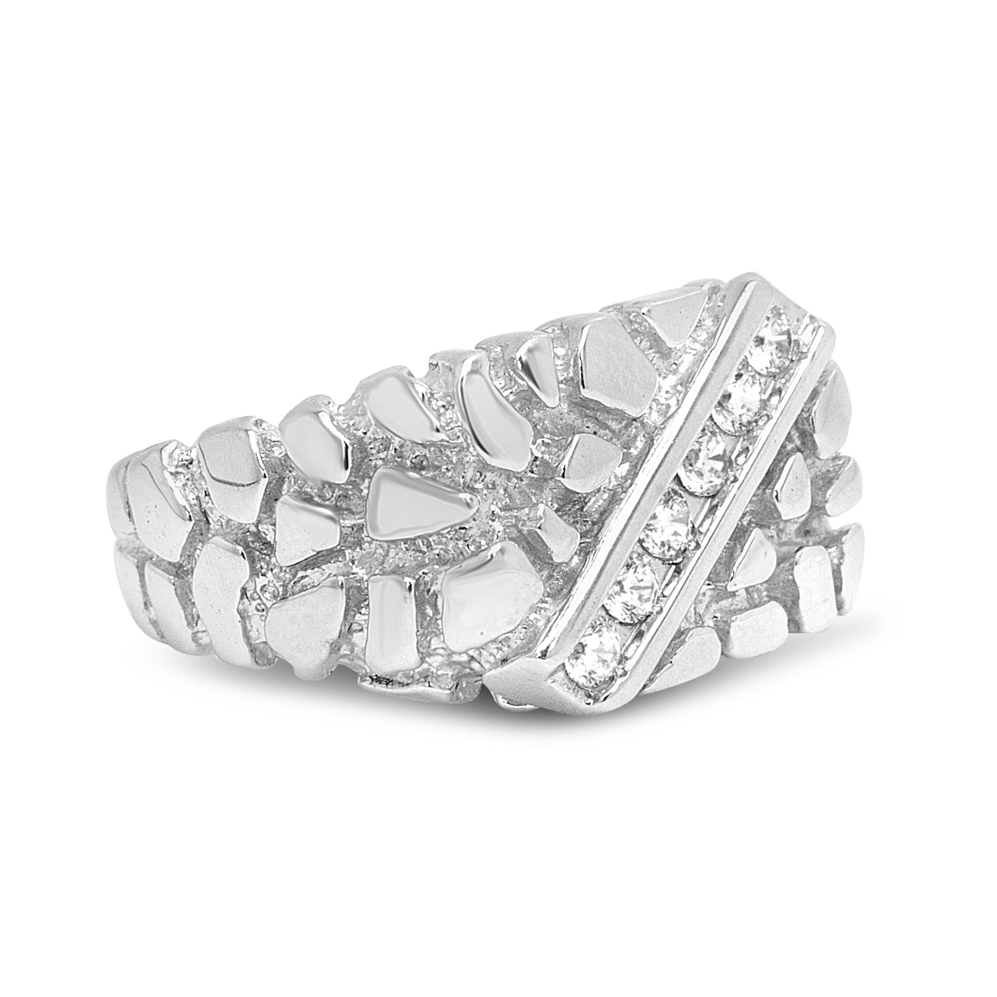 .925 Sterling Silver 1/3 Diamond 6 Stone Rectangle Nugget Gents Ring - Friggin Jewelry