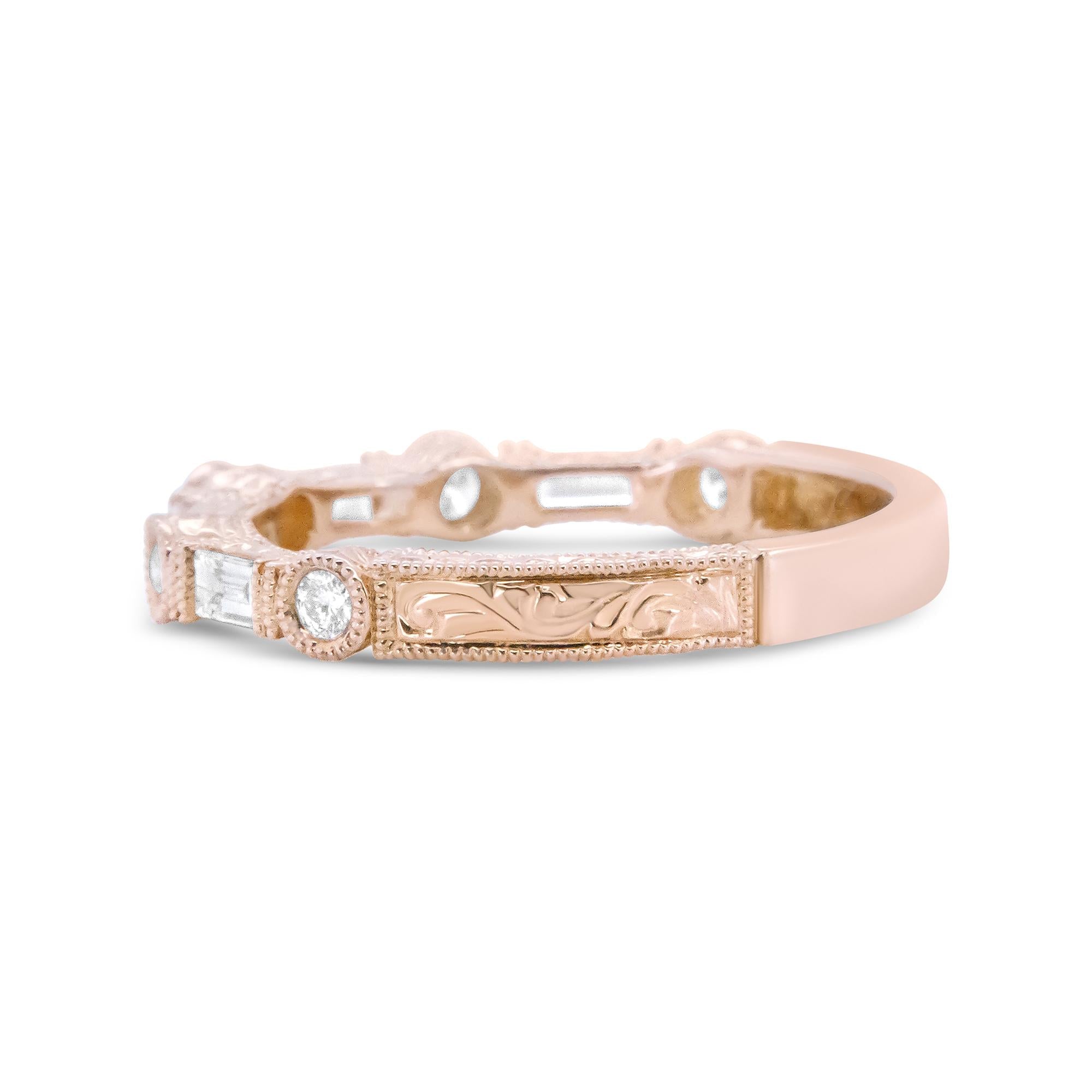 Anello nuziale in oro rosa 14 carati con diamanti taglio baguette e taglio rotondo da 3/8 ct - (colore HI, purezza VS1-VS2) - Friggin Jewelry