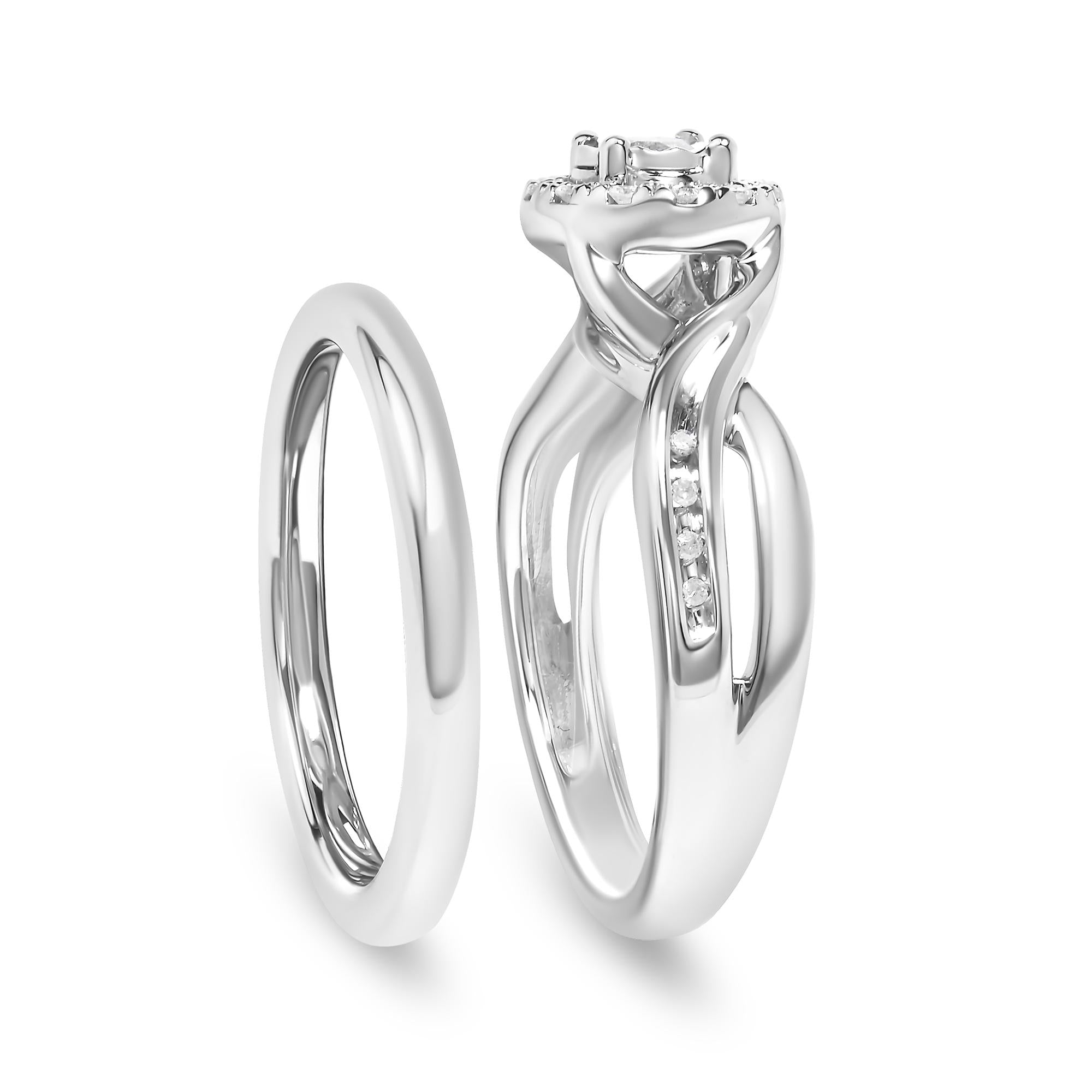 Anillo de compromiso y alianza de boda en plata de ley 925 con halo de diamantes de 1/7 quilates (color IJ, claridad I3) - Friggin Jewelry