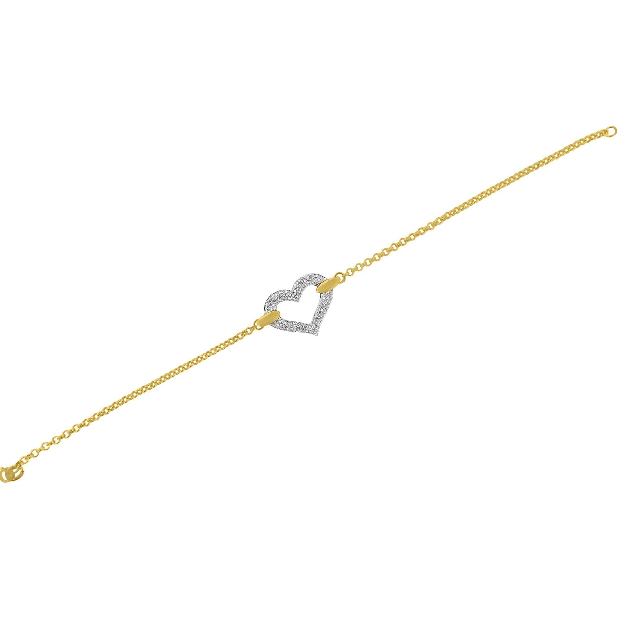 10K Two Tone Gold 1/4 Cttw Diamond Encrusted Heart Charm 7" Bracelet (H-I Color, I1-I2 Clarity) - Friggin Jewelry