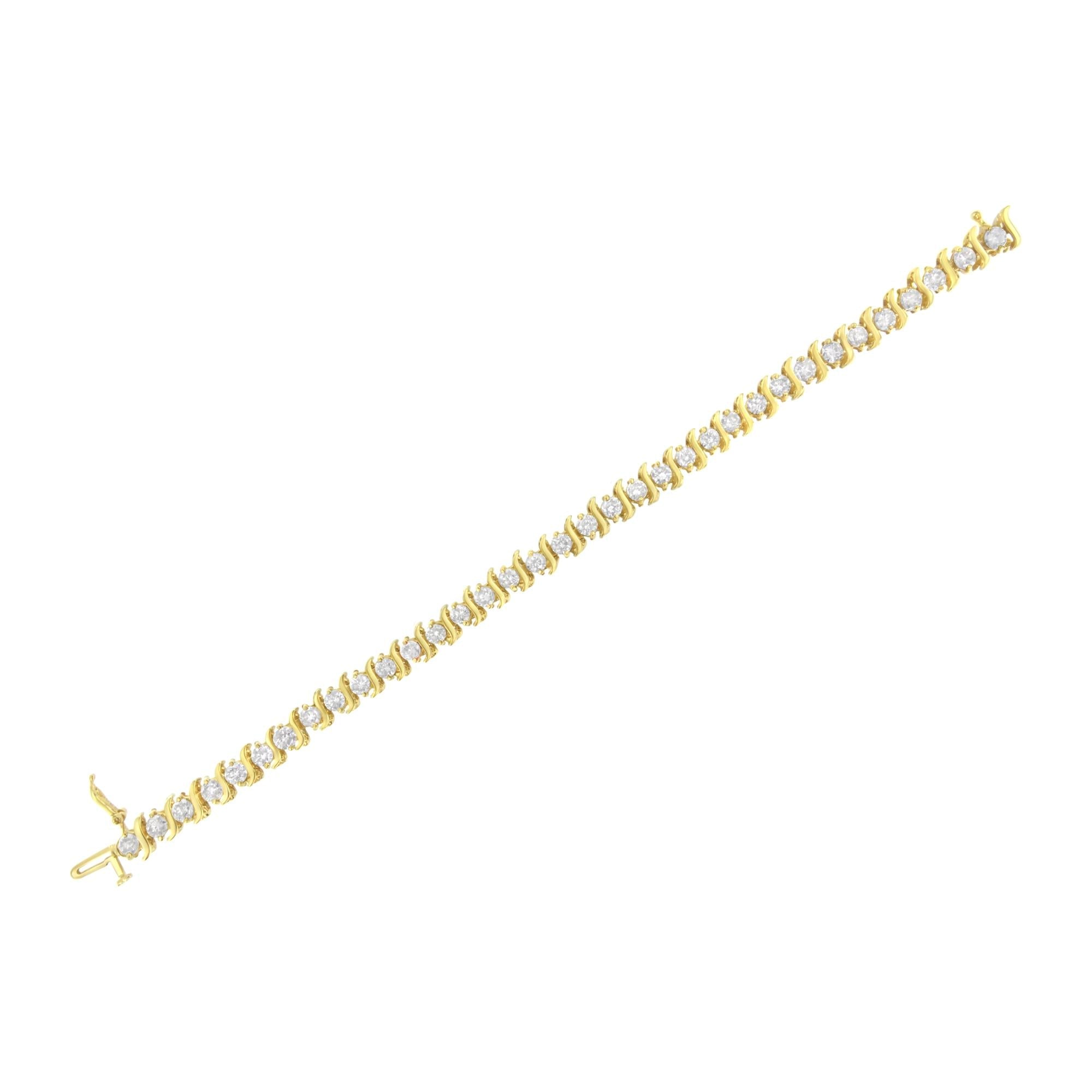 10K Yellow Gold Plated .925 Sterling Silver 7.0 cttw 2-Prong Set Round Brilliant Cut Diamond "S" Link Bracelet (J-K color, I1-I2 clarity) - 7" - Friggin Jewelry