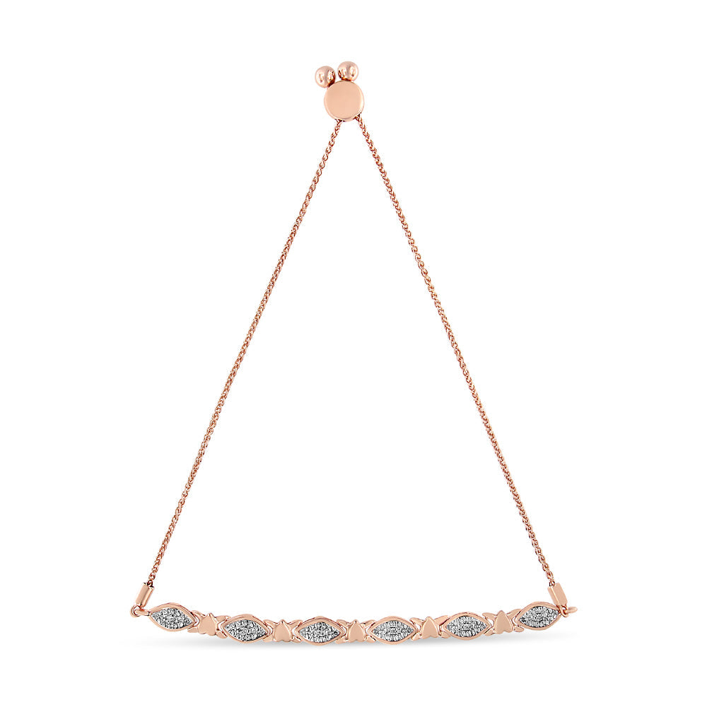 Pulsera bolo de plata de ley 925 con detalles de diamantes, forma marquesa alternada y eslabones de corazón (color IJ, claridad I3) - Ajustable de 15 a 23 cm - Friggin Jewelry