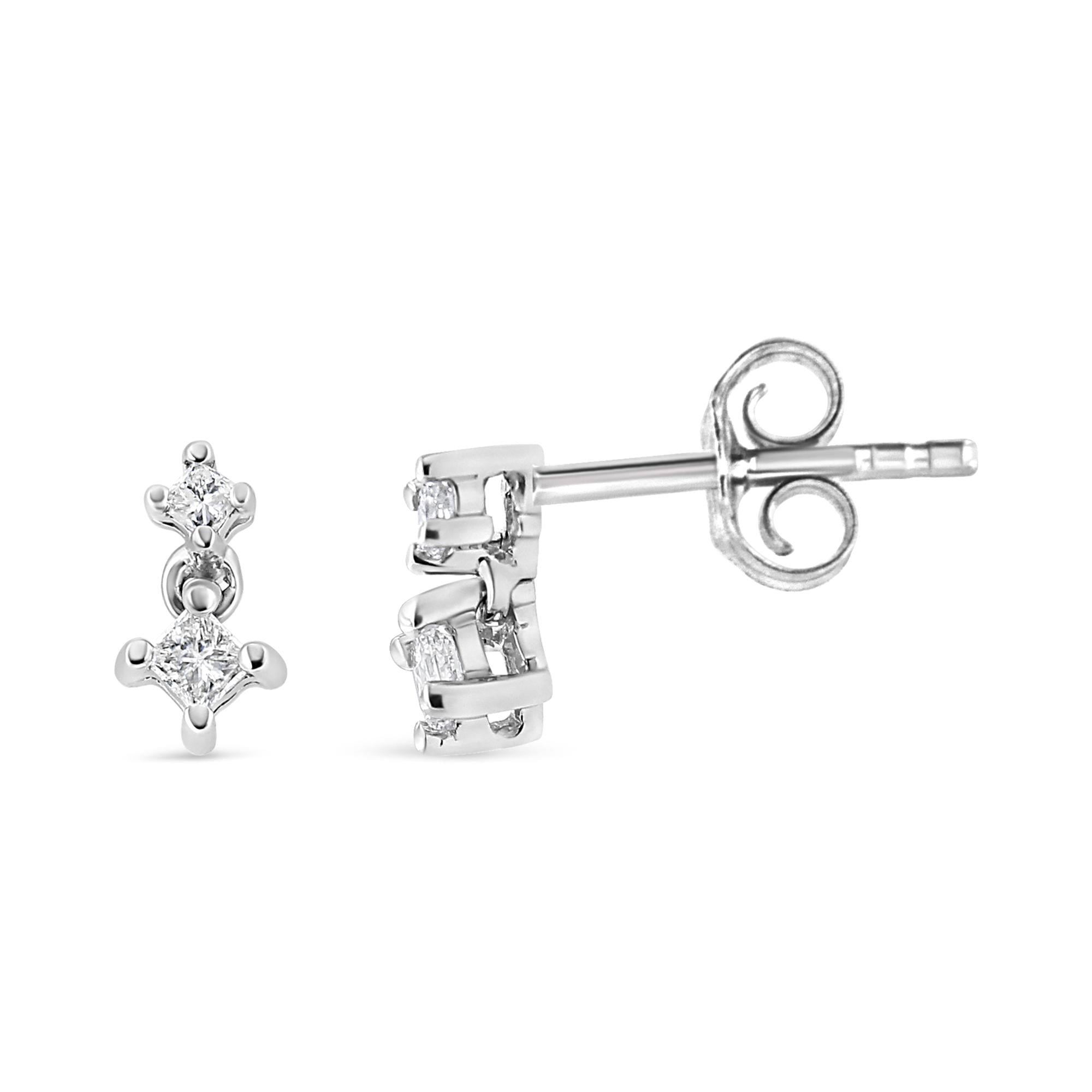 14K White Gold 1/4 Cttw 4 Prong Set Princess-Cut Double Diamond Drop and Dangle Stud Earrings (I-J Color, I2-I3 Clarity) - Friggin Jewelry