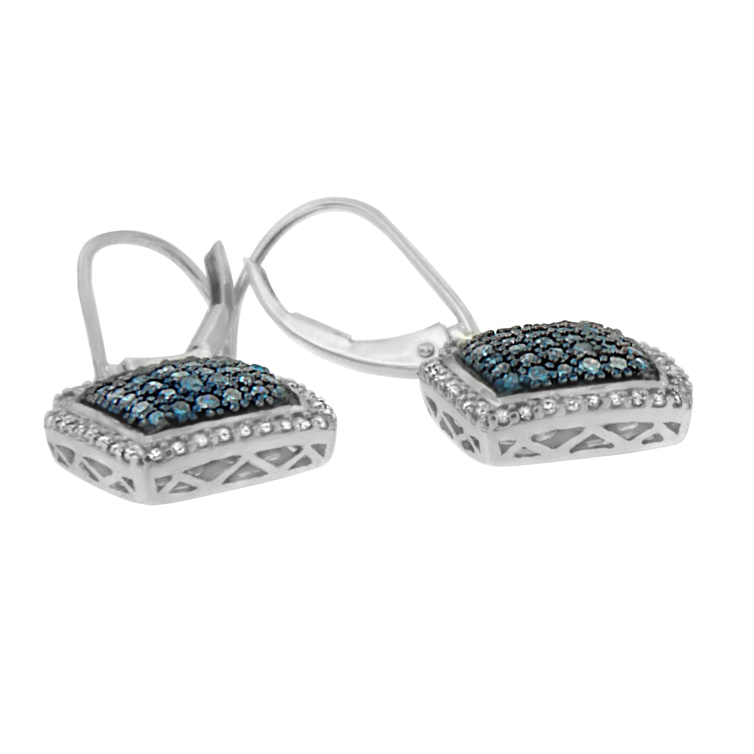 Black Rhodium over .925 Sterling Silver ¾ Cttw Blue and White Diamond Cushion Shaped Dangle Earrings (Enhanced Blue & I-J Color, I2-I3 Clarity) - Friggin Jewelry