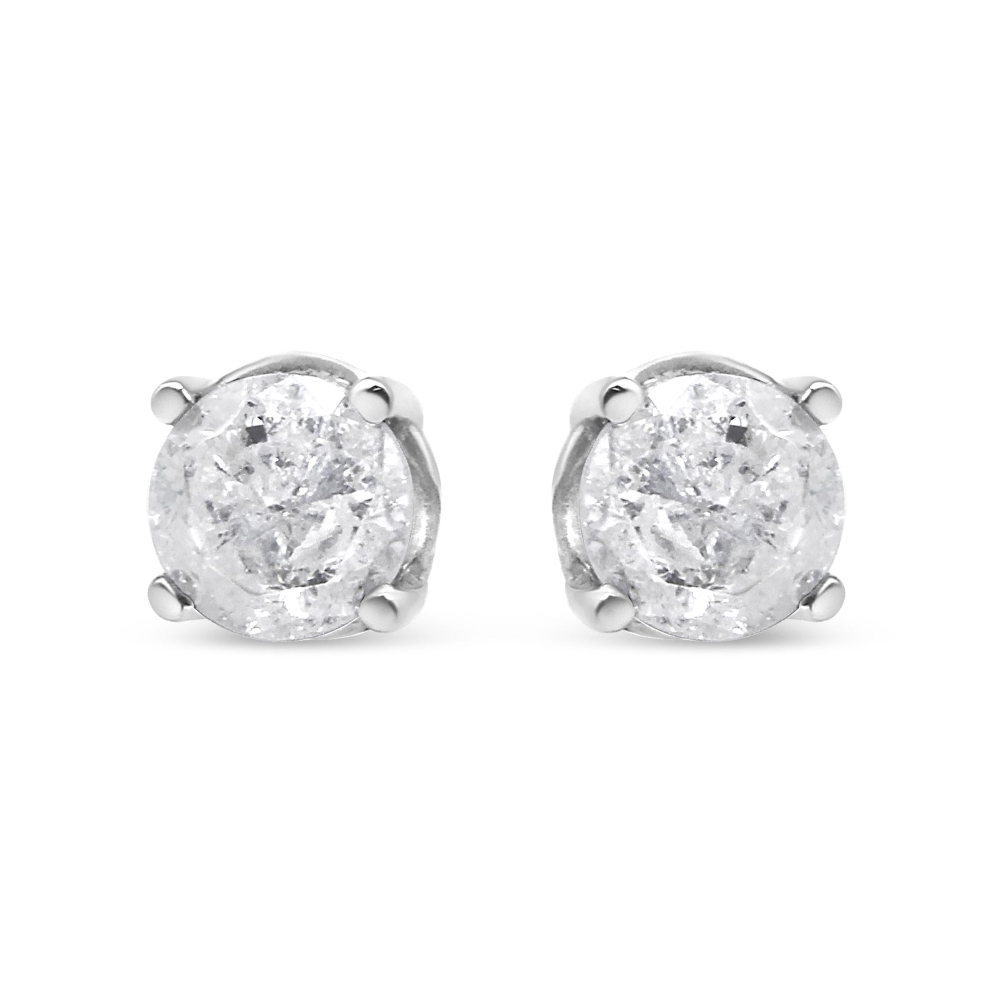 Aretes clásicos de plata de ley 925 con diamantes de talla redonda "sal y pimienta" de 4 puntas (color IJ, claridad I3) - Friggin Jewelry