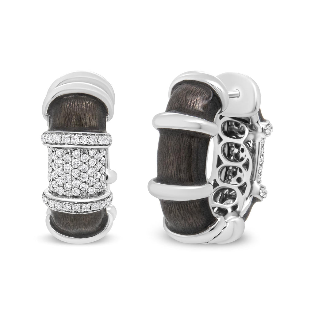 18K White Gold Flash Plated .925 Sterling Silver Clear Graphite Grey Enamel 5/8 Cttw Round Diamonds Huggie Hoop Earrings (F-G Color, VS1-VS2 Clarity) - Friggin Jewelry