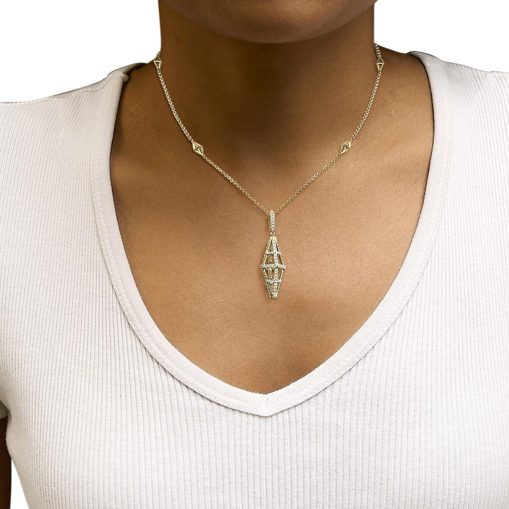 Collana con ciondolo geometrico a doppia piramide tempestata di diamanti da 1,0 ct in oro giallo 14 carati, 18 pollici (colore GH, purezza SI1-SI2) - Friggin Jewelry