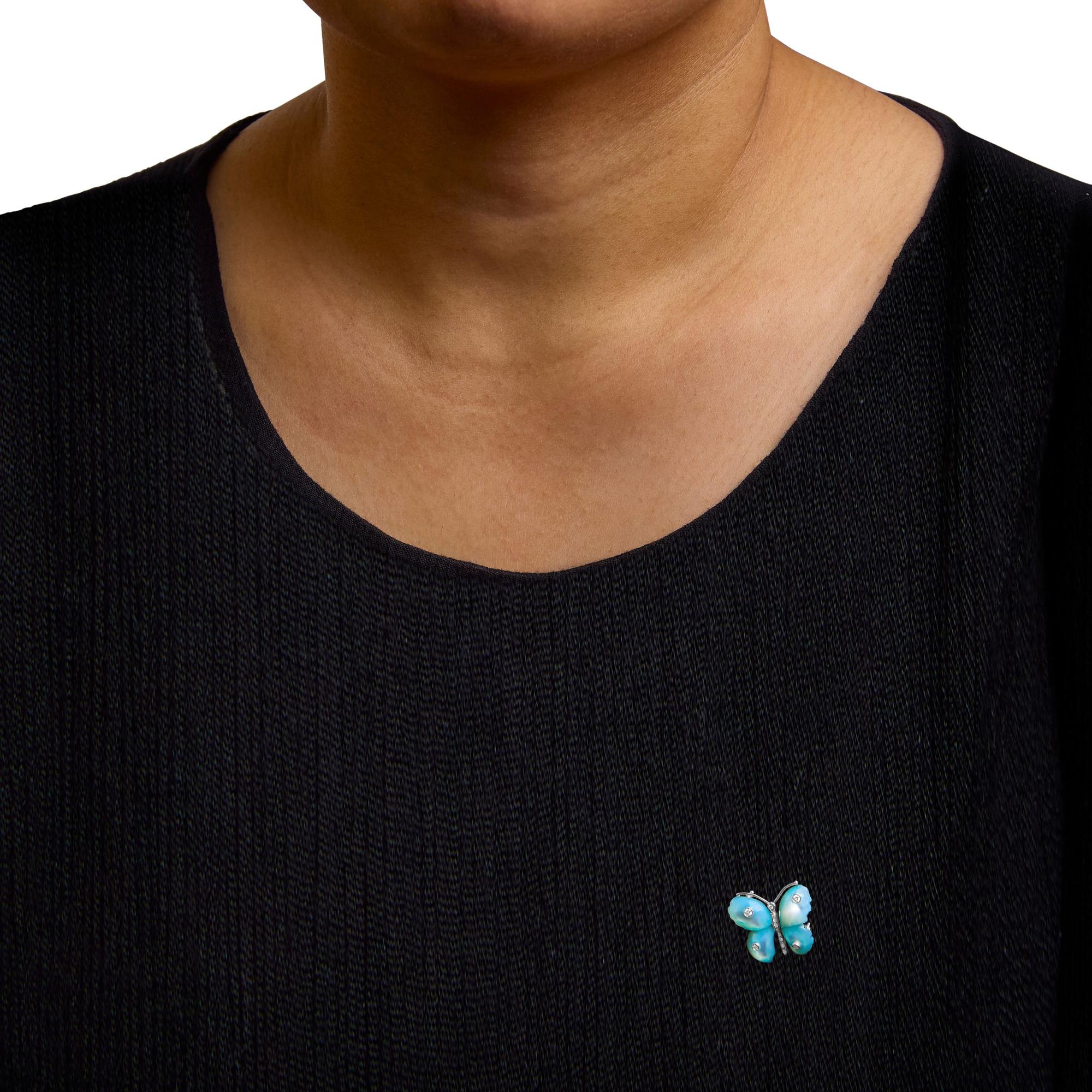 18K White Gold Blue Mother of Pearl and Diamond Accent Butterfly Pin Brooch (F-G Color, VS1-VS2 Clarity) - Friggin Jewelry