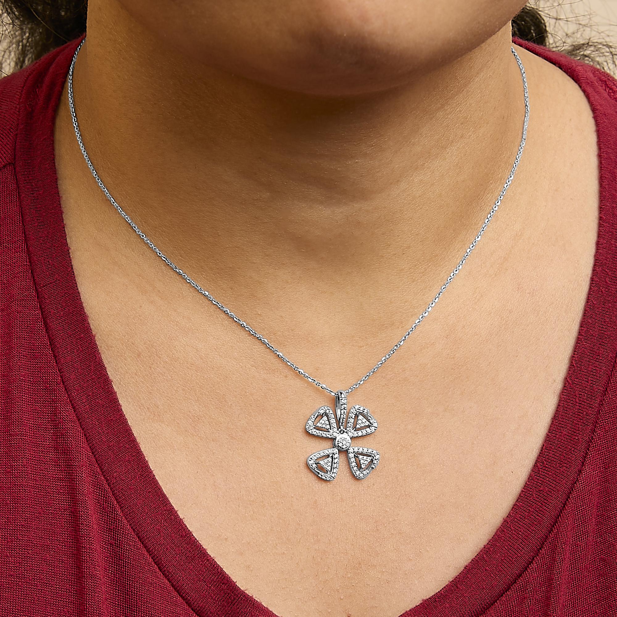 14K White Gold 5/8 Cttw Diamond 4 Leaf Floral Pendant Necklace (H-I Color, I1-I2 Clarity) - 18" Inches - Friggin Jewelry Premium