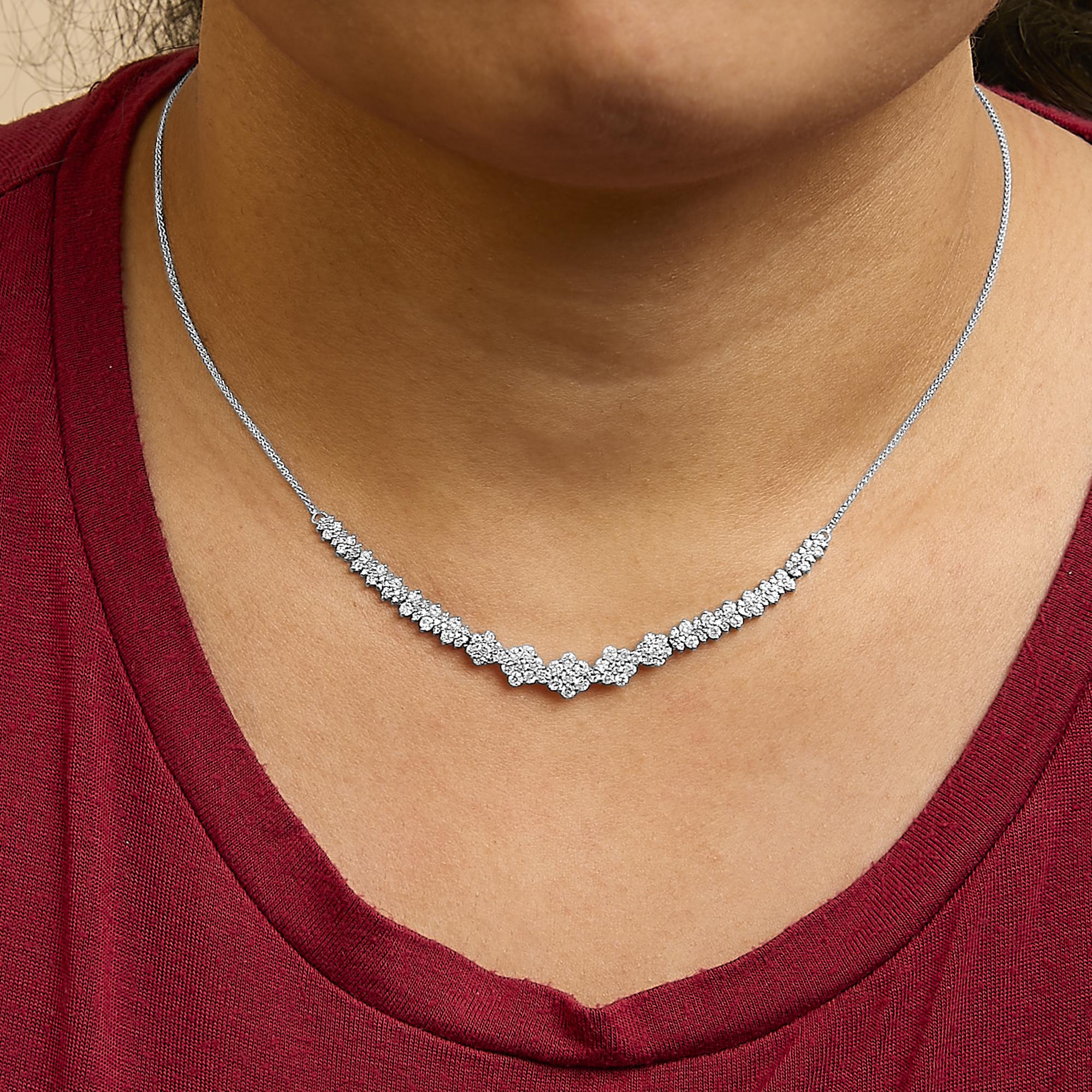 14K White Gold 2.00 Cttw Diamond Composite Cluster Bar Necklace (H-I Color, I2-I3 Clarity) - 18" Inches - Friggin Jewelry Premium
