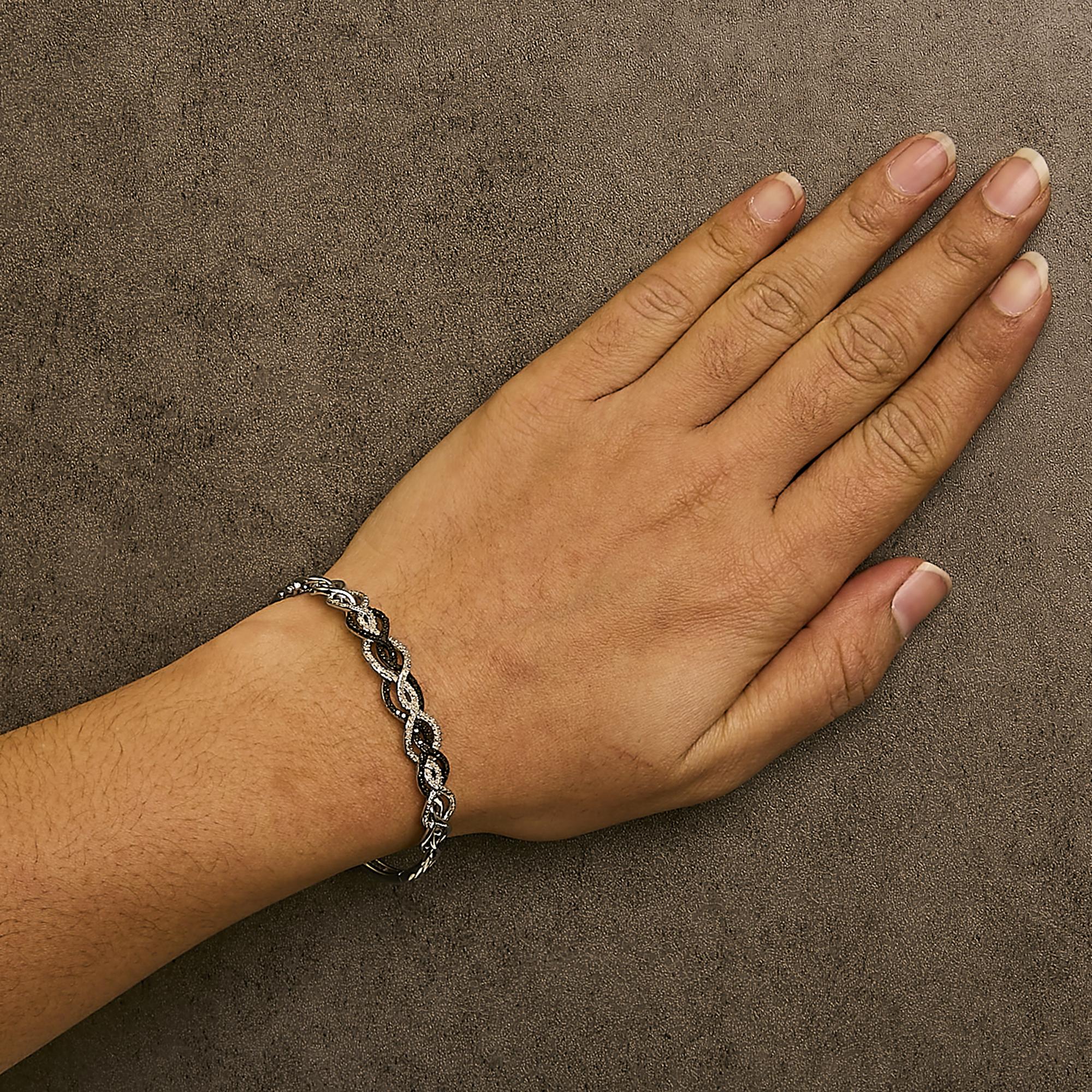 .925 Sterling Silver 3/8 Cttw White and Black Diamond Swirl Bangle Bracelet (Black Color, I3 Clarity) - 7.75" Inches - Friggin Jewelry