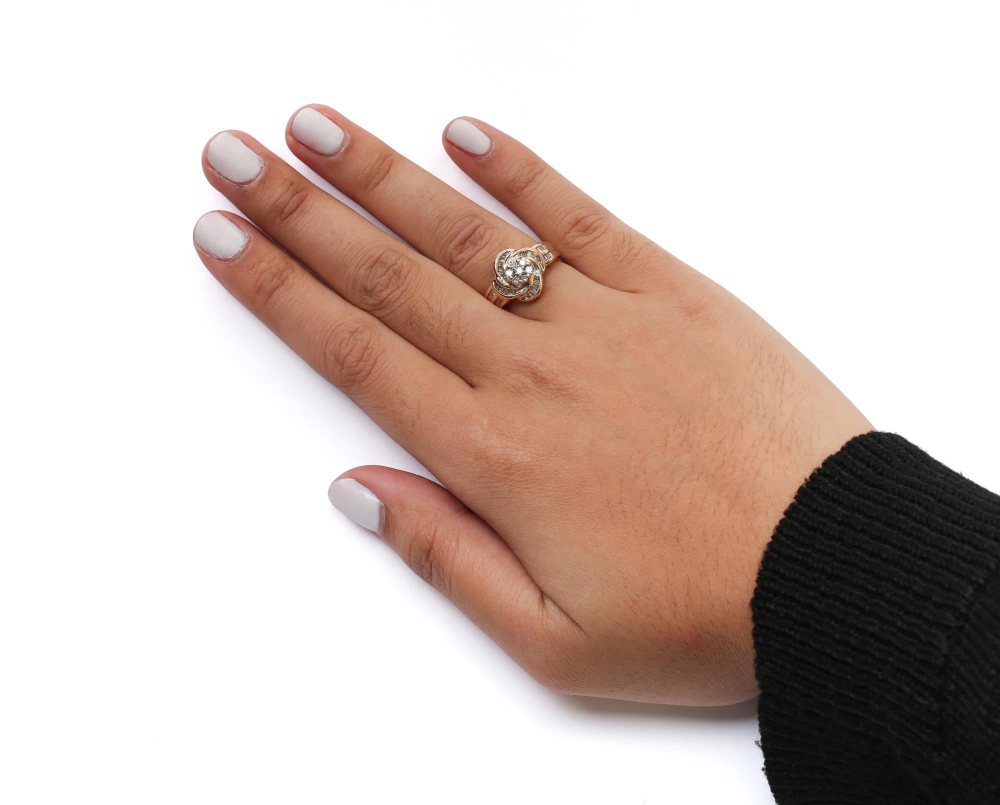 10K Yellow Gold 1/2 Cttw Round and Baguette Diamond Flower Swirl Cocktail Ring (I-J Color, SI2-I1 Clarity) - Friggin Jewelry