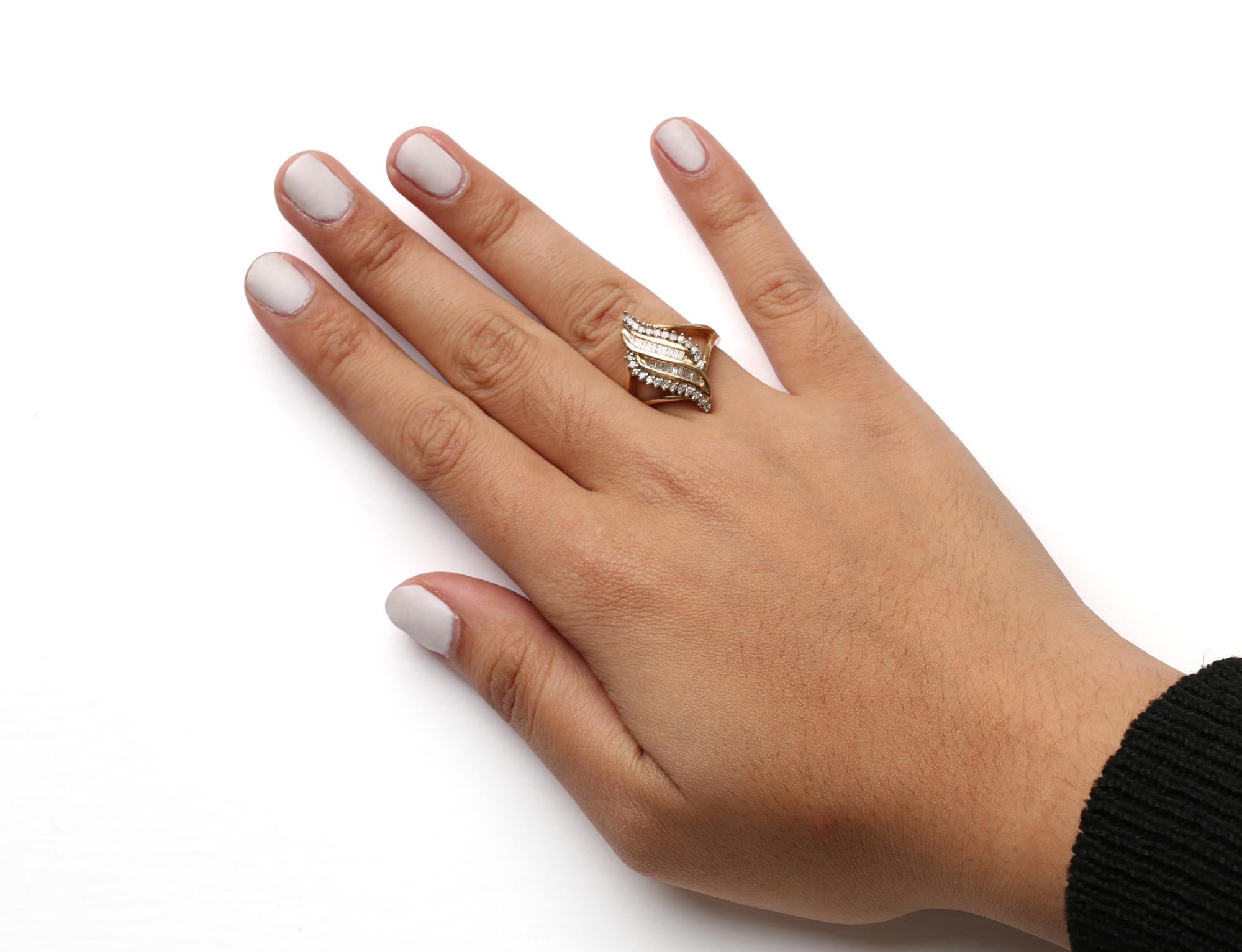 10K Yellow Gold 1/2 Cttw Round and Baguette Cut Diamond Cocktail Ring (H-I Color, I1-I2 Clarity) - Friggin Jewelry