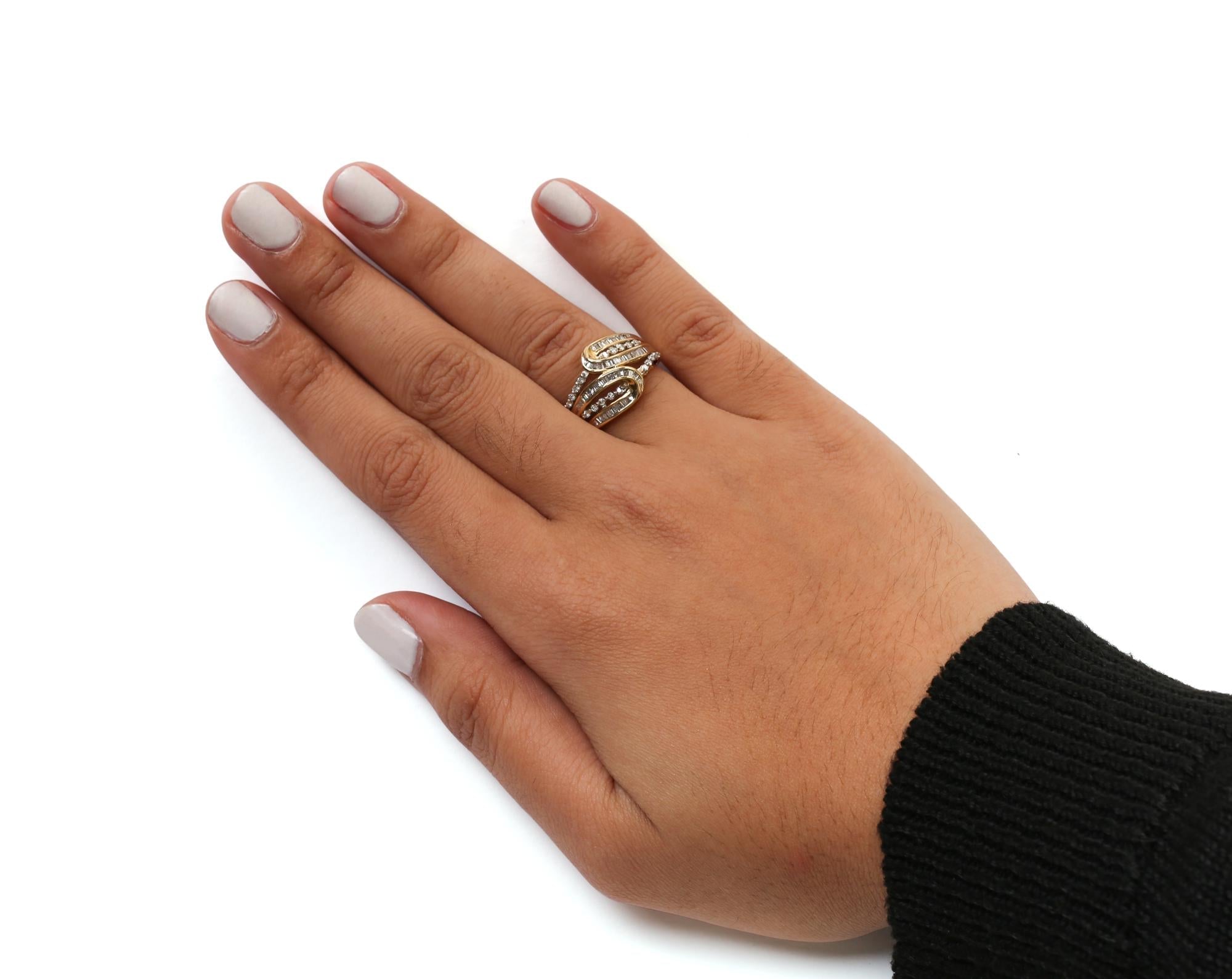 10K Yellow Gold 1/2 Cttw Round and Baguette cut Diamond Open Space Bypass Ring (H-I Color, SI2-I1 Clarity) - Friggin Jewelry