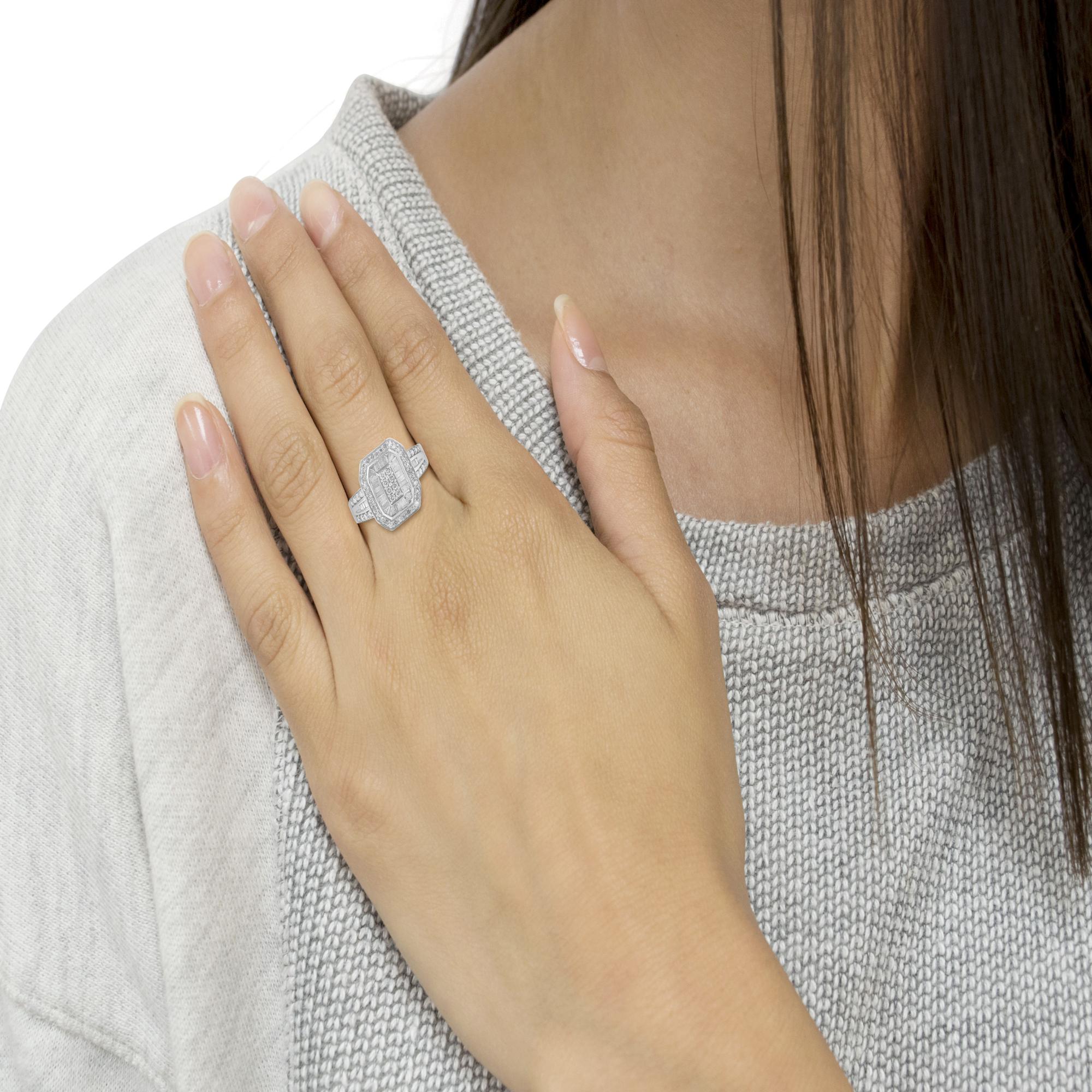 Anello cattedrale in argento sterling 925 con diamanti taglio baguette e taglio rotondo (0,75 ct, colore HI, purezza I2-I3) - Friggin Jewelry
