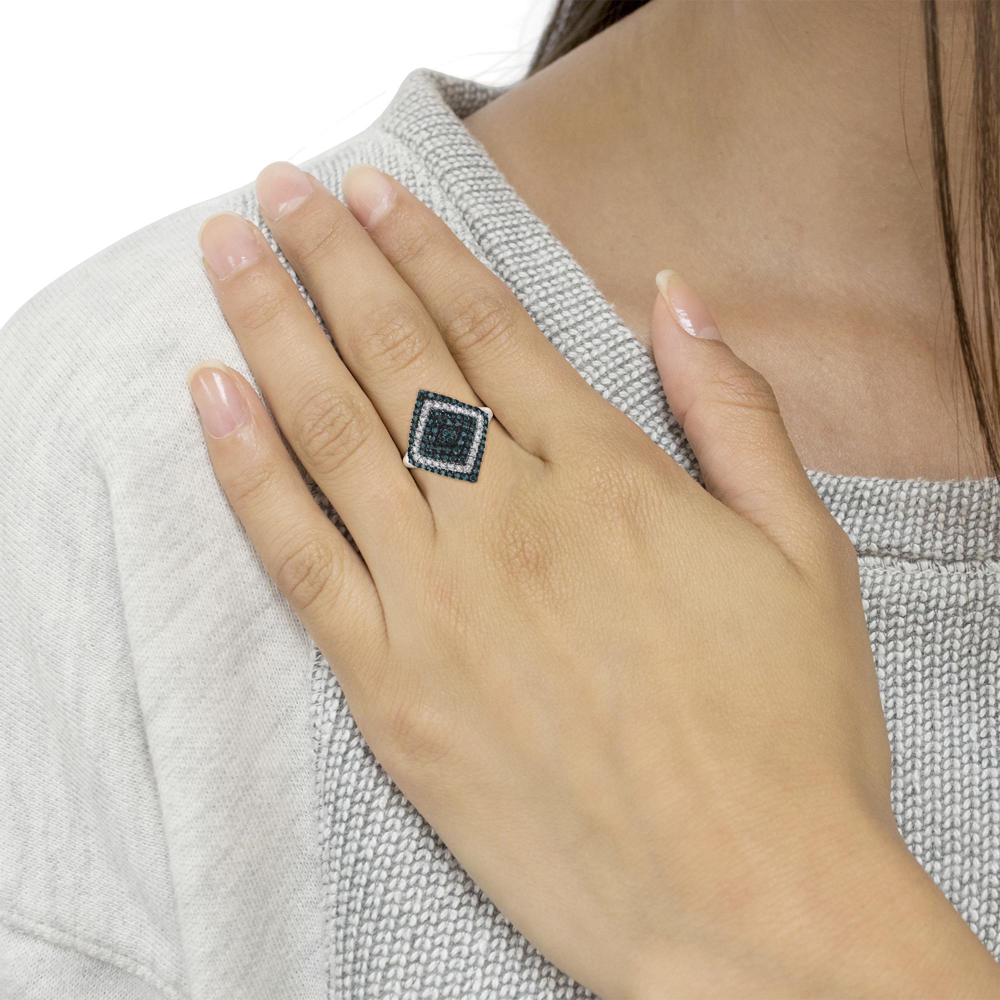 .925 Sterling Silver 1 cttw White and Treated Blue Diamond Rhombus Cocktail Ring (Blue, I3) - Friggin Jewelry