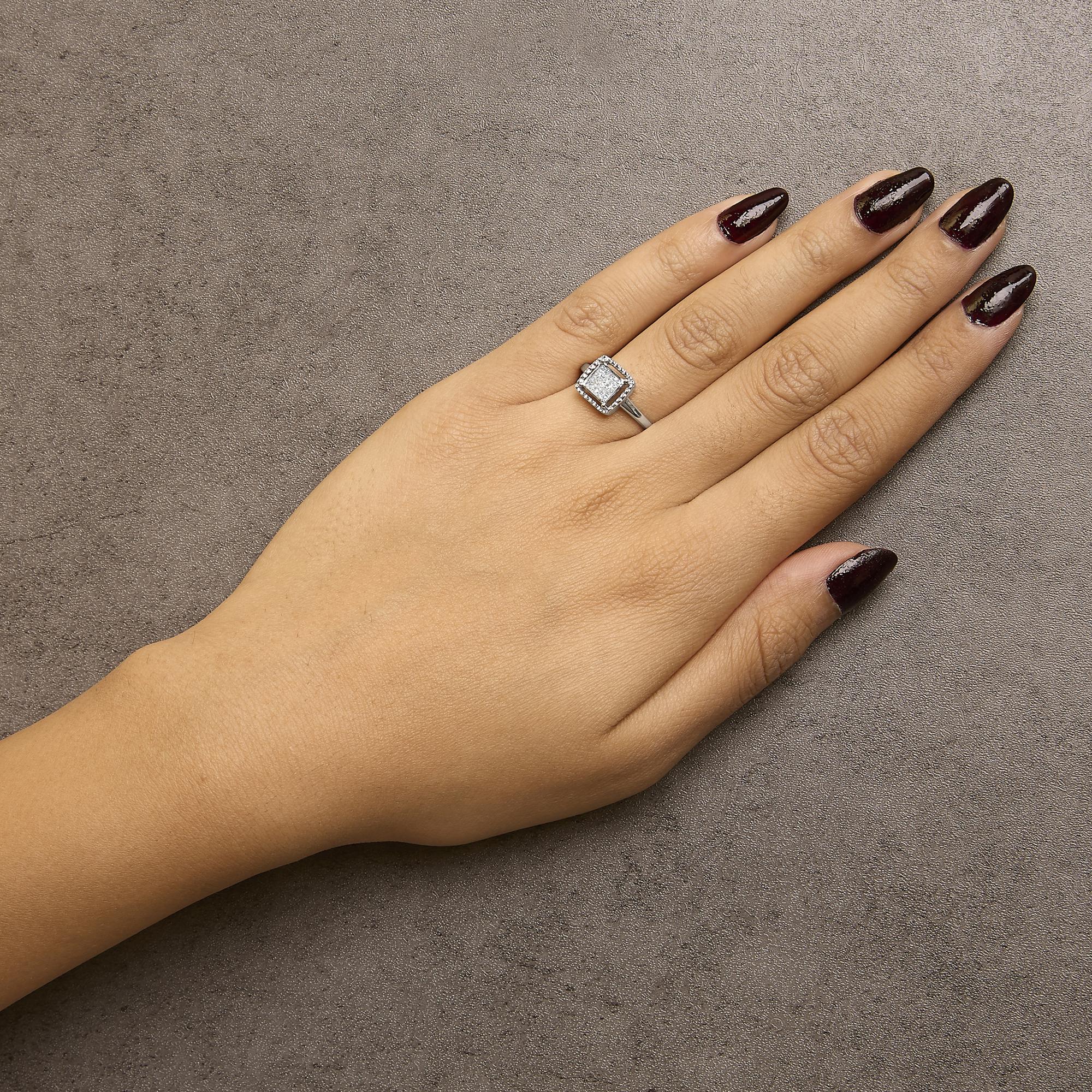 .925 Sterling Silver 1/5 Cttw Invisible Set Princess Cut Diamond Promise Ring with Beaded Halo (H-I Color, I1-I2 Clarity) - Friggin Jewelry