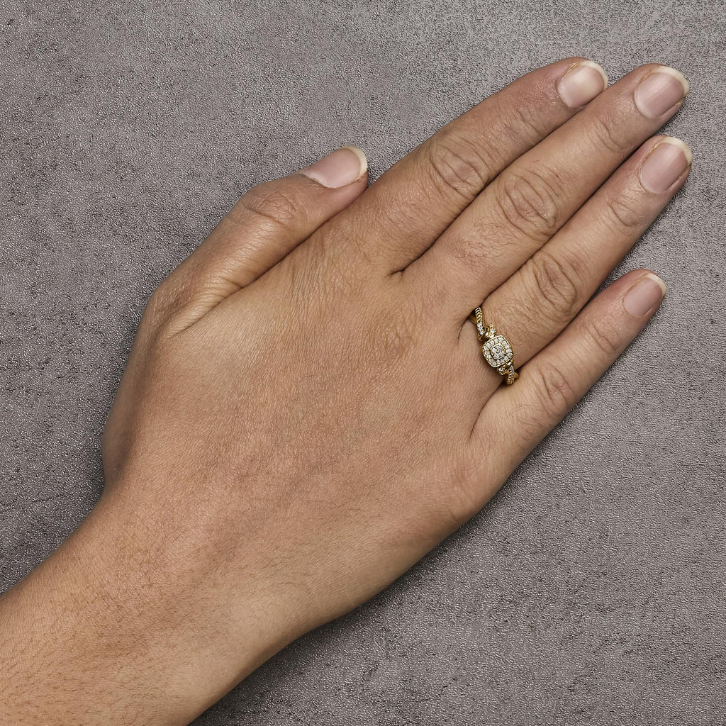 10K Yellow Gold Twisted Shank 1/10 Cttw Diamond Composite Halo Engagement Ring - Friggin Jewelry