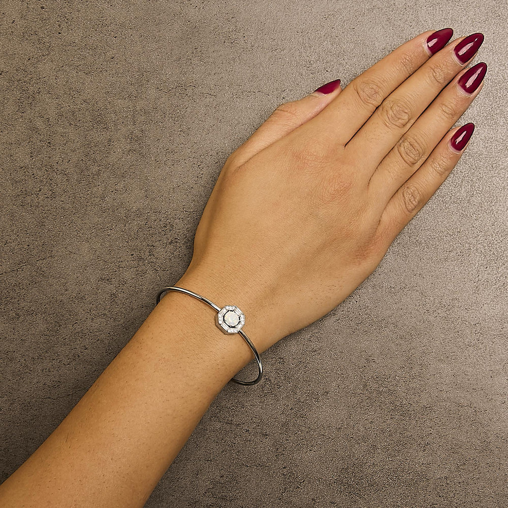 .925 Sterling Silver 7X7MM Created Opal and White Sapphire Halo Bangle Bracelet - 7 Inches - Friggin Jewelry