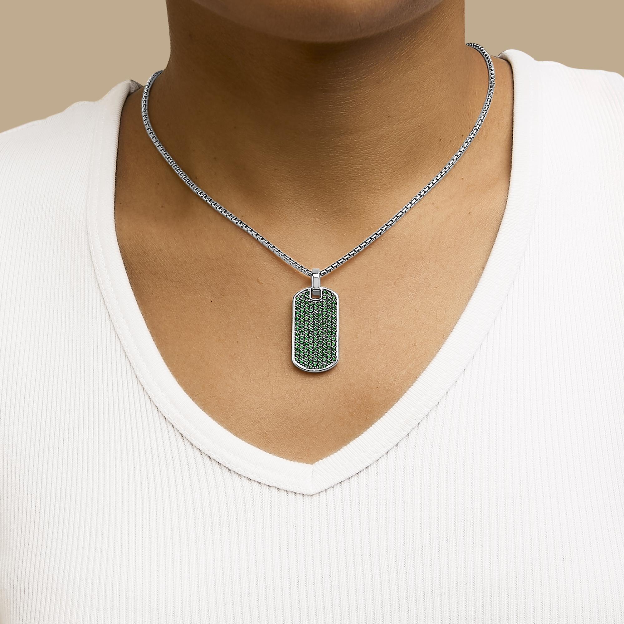 Men's .925 Sterling Silver Created Green Emerald Dog Tag Pendant Necklace - 22" Inches - Friggin Jewelry