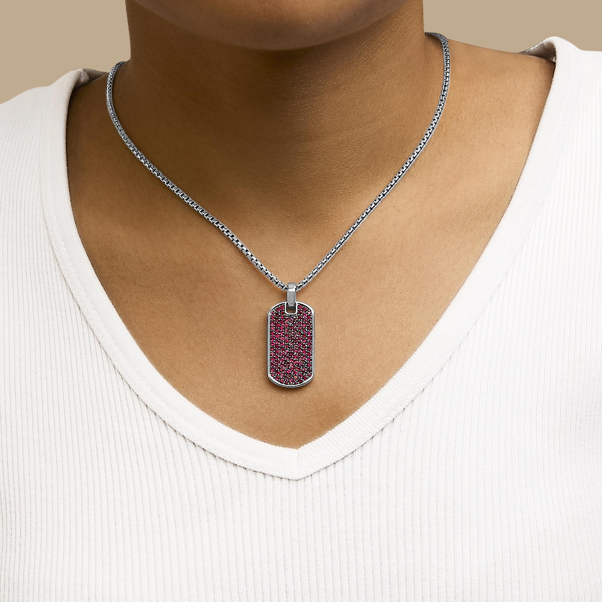 Men's .925 Sterling Silver Created Red Ruby Dog Tag Pendant Necklace - 22" Inches - Friggin Jewelry