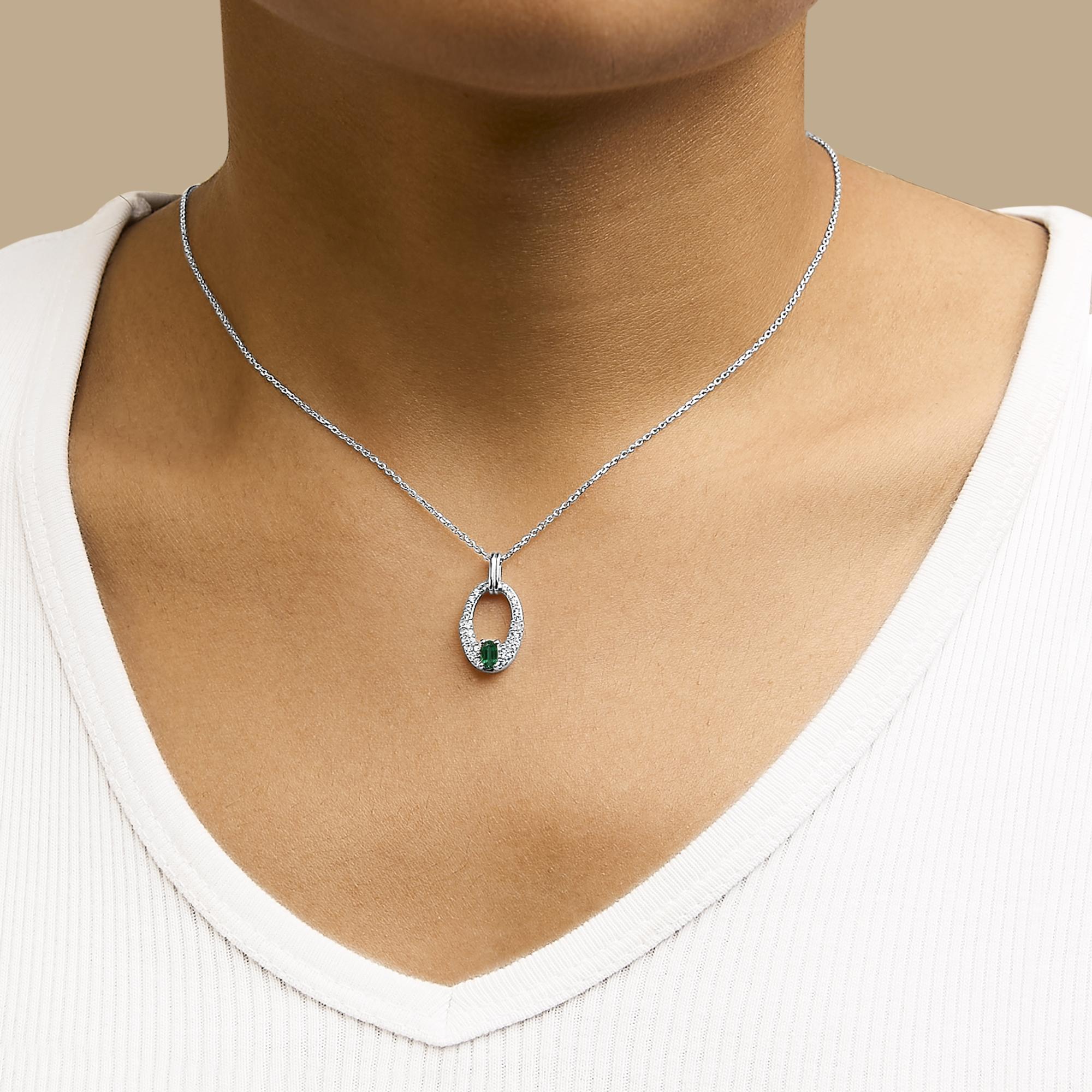 .925 Sterling Silver Created Green Emerald and White Sapphire Oval Shaped Pendant Necklace - 18" Inches - Friggin Jewelry