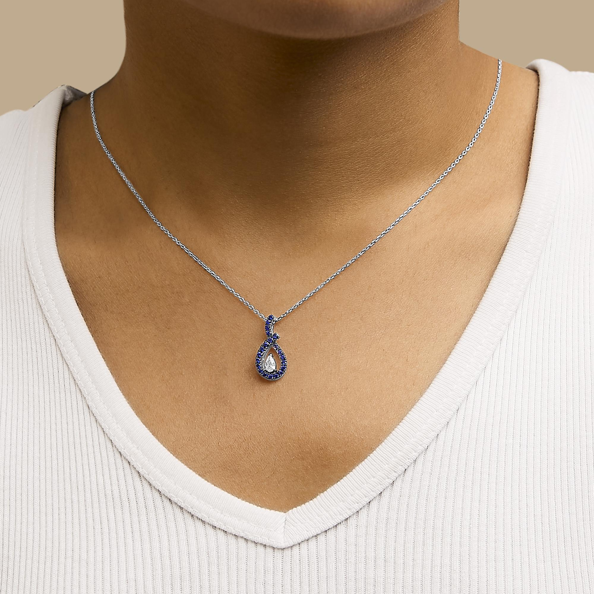 Collar con colgante en forma de lágrima de zafiro azul y blanco creado en plata de ley 925 - 45,7 cm - Friggin Jewelry