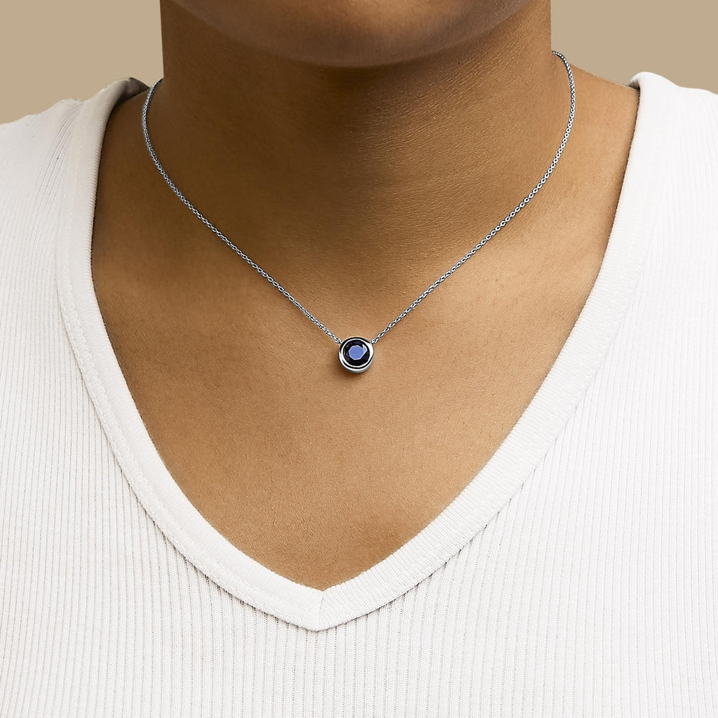 Collar con colgante de piedra preciosa creada en plata de ley 925 de 7 mm con bisel - 45,7 cm - Friggin Jewelry