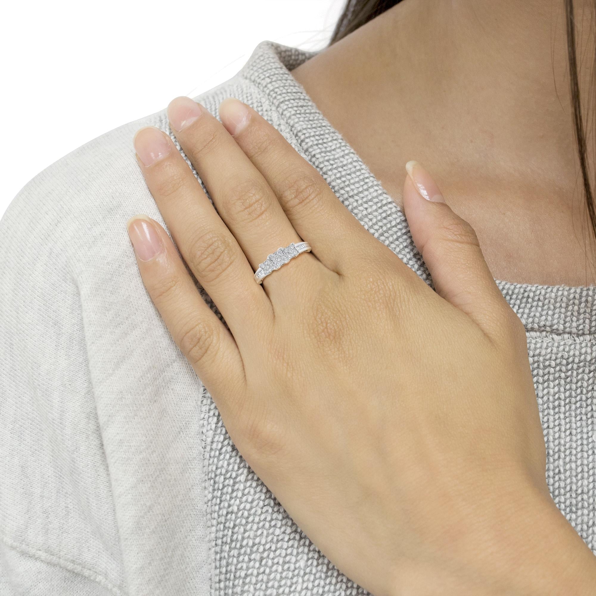 10K White Gold 1/2 Cttw Brilliant & Baguette Cut Diamond 3 Stone Design with 3 Square Clusters Engagement Ring (H-I Color, SI2-I1 Clarity) - Friggin Jewelry