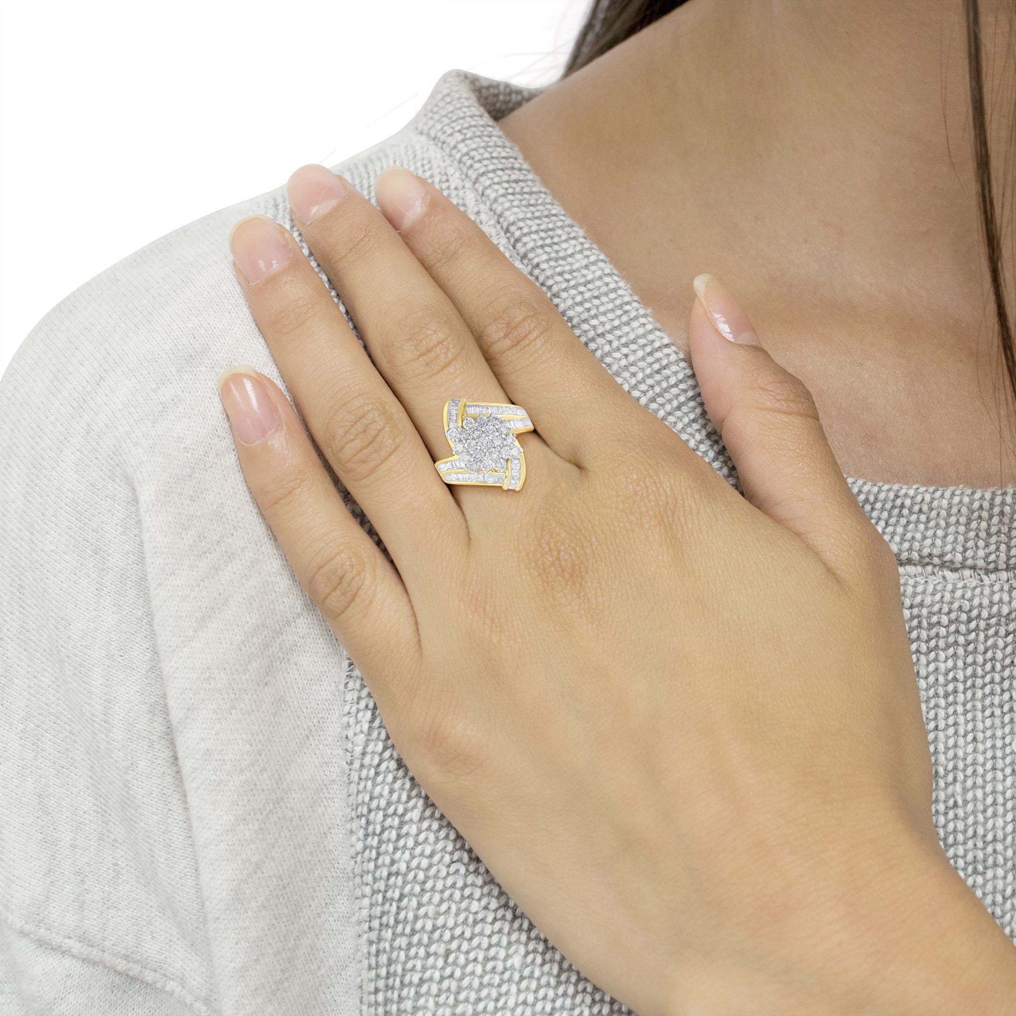 10K Yellow Gold Round and Baguette Diamond Crossover Cluster Ring (3 Cttw, I-J Color, I1-I2 Clarity) - Friggin Jewelry Premium