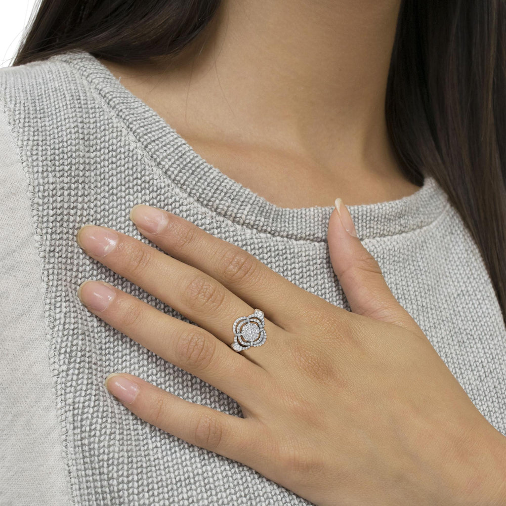 14K White Gold 1.0 Cttw Round & Baguette Cut Diamond Floral Cluster Quatrefoil Channel Set Band Cocktail Statement Ring (H-I Color, SI2-I1 Clarity) - Friggin Jewelry