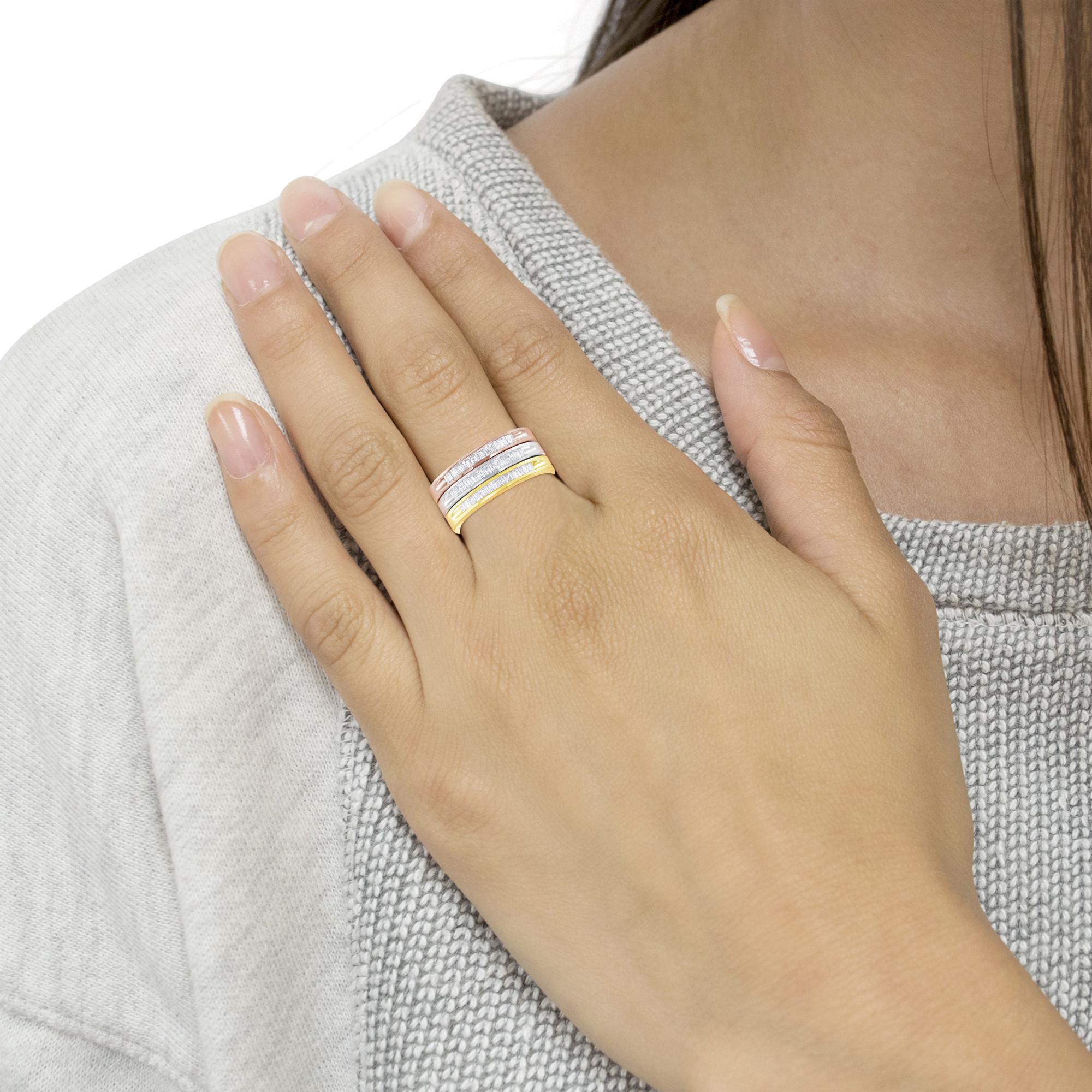 10K Yellow, White and Rose Gold over .925 Sterling Silver 5/8 Cttw Diamond Channel-Set Stackable Band Ring Set (H-I Color, I1-I2 Clarity) - Friggin Jewelry