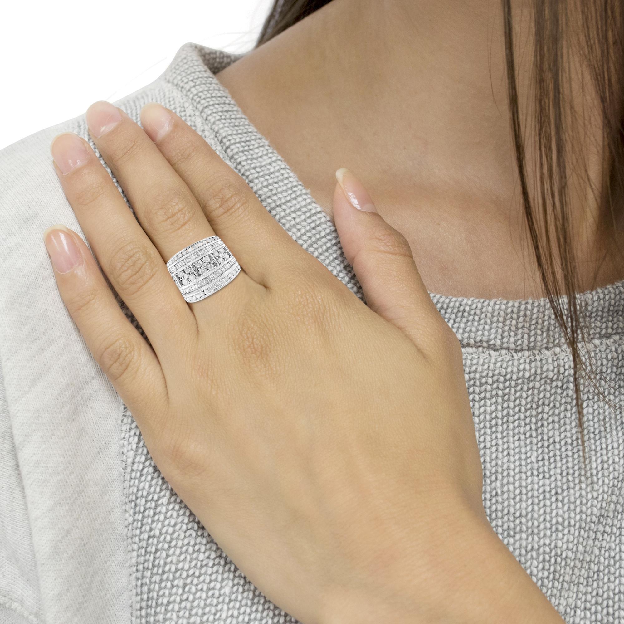 .925 Sterling Silver 2.0 Cttw Round & Baguette Cut Diamond Multi-Row Channel Set Tapered Cocktail Fashion Ring (I-J Color, I3 Clarity) - Friggin Jewelry