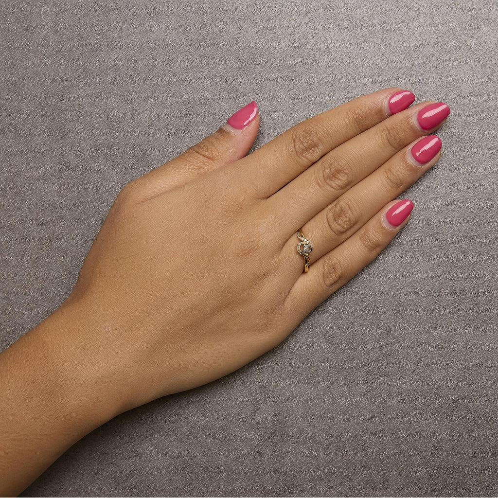 Anillo de compromiso de plata de ley 925 con baño de oro amarillo de 14 quilates y halo de diamantes de 1/6 quilates (color IJ, claridad I3) - Friggin Jewelry