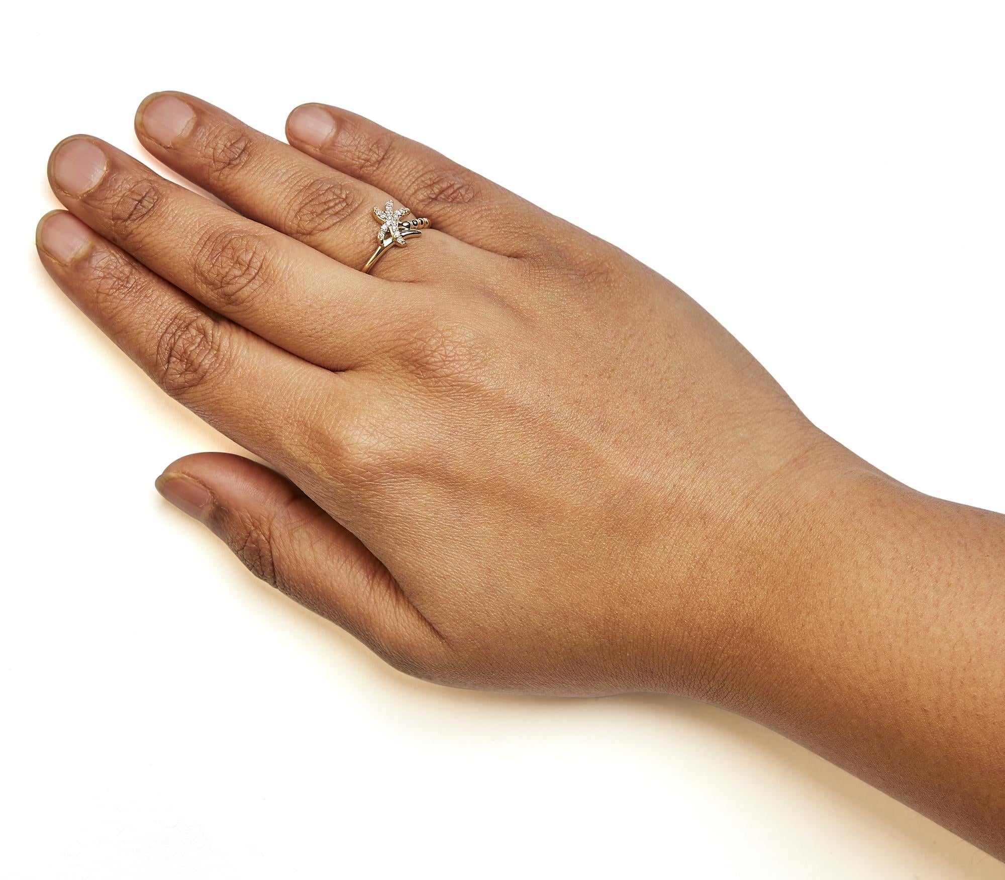 10K Yellow Gold 1/10 Cttw Diamond  Palm Tree Statement Ring (H-I Color, I1-I2 Clarity) - Friggin Jewelry