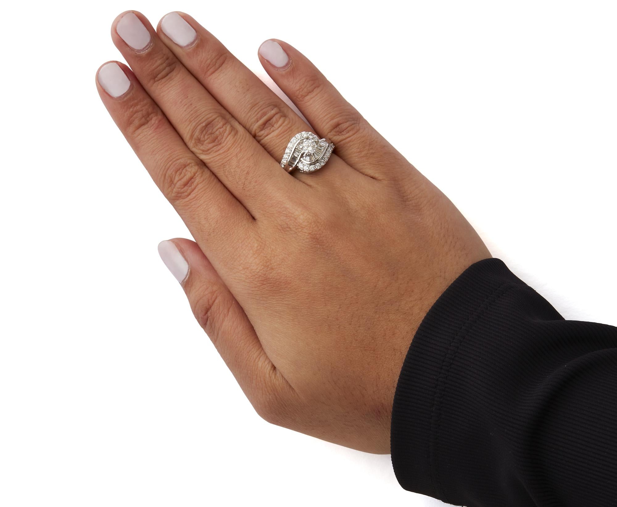 14K White Gold 1.00 Cttw Round and Baguette cut Diamond Swirl Cocktail Ring (H-I Color, SI2-I1 Clarity) - Friggin Jewelry