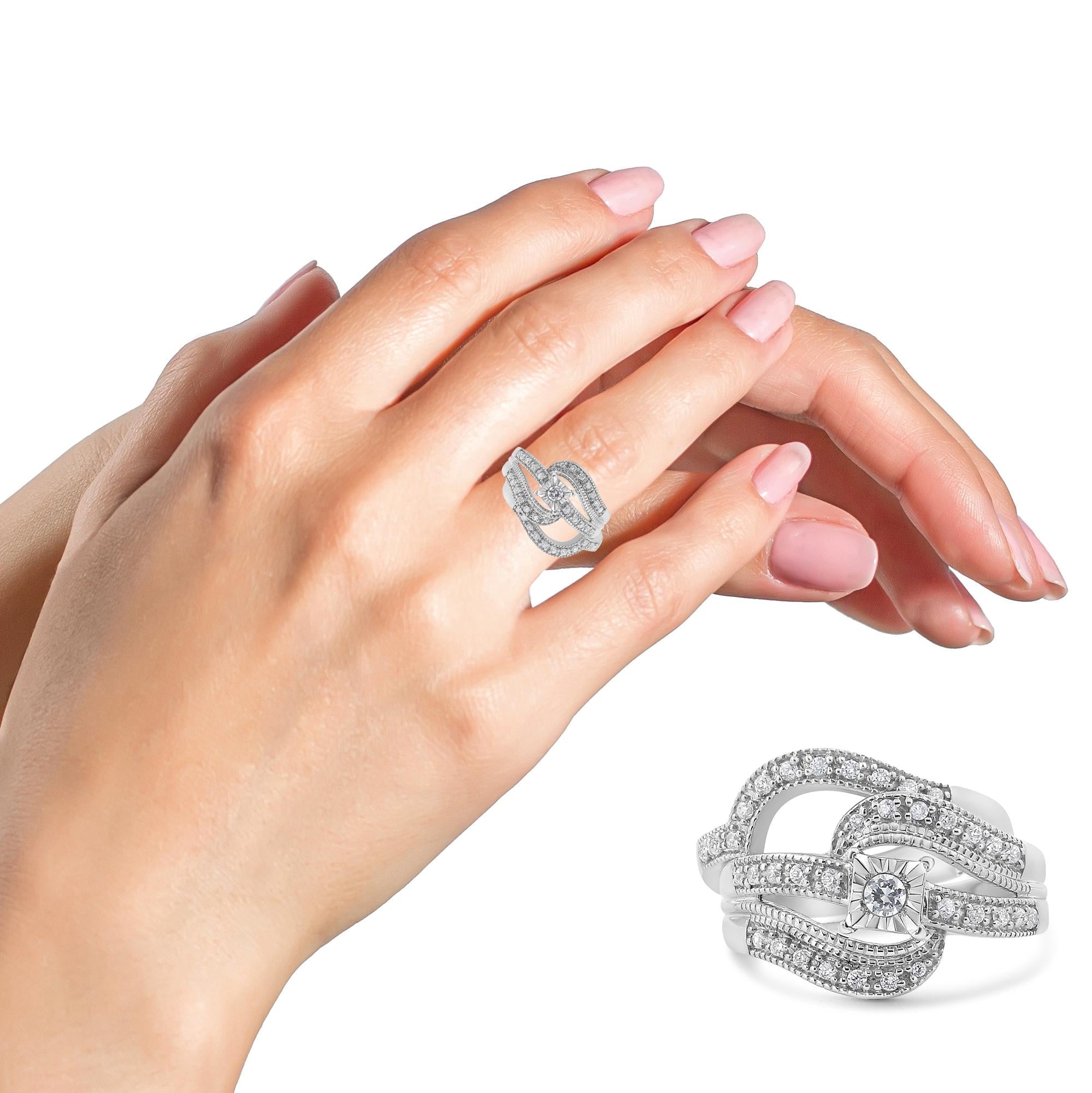 .925 Sterling Silver 1/3 Cttw Round Diamond Crisscross Engagement Ring Bridal Set (H-I Color, I1-I2 Clarity ) - Friggin Jewelry