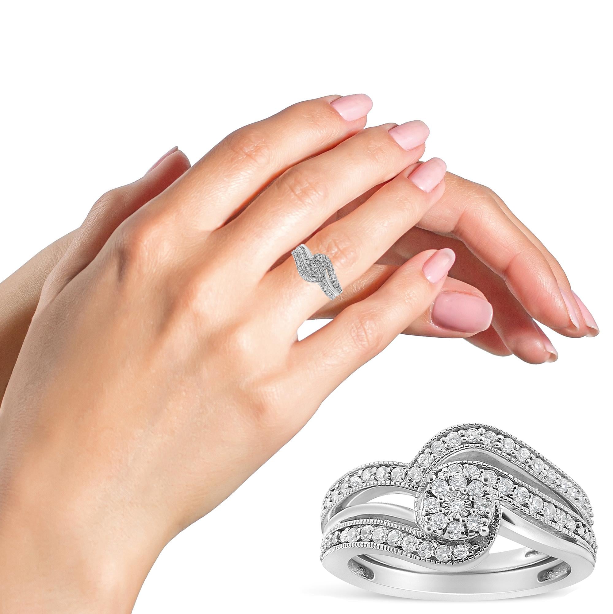 .925 Sterling Silver 1/3ct Cttw Multi-Diamond Bypass Vintage-Style Bridal Set Ring and Band (I-J Color, I3 Clarity) - Friggin Jewelry