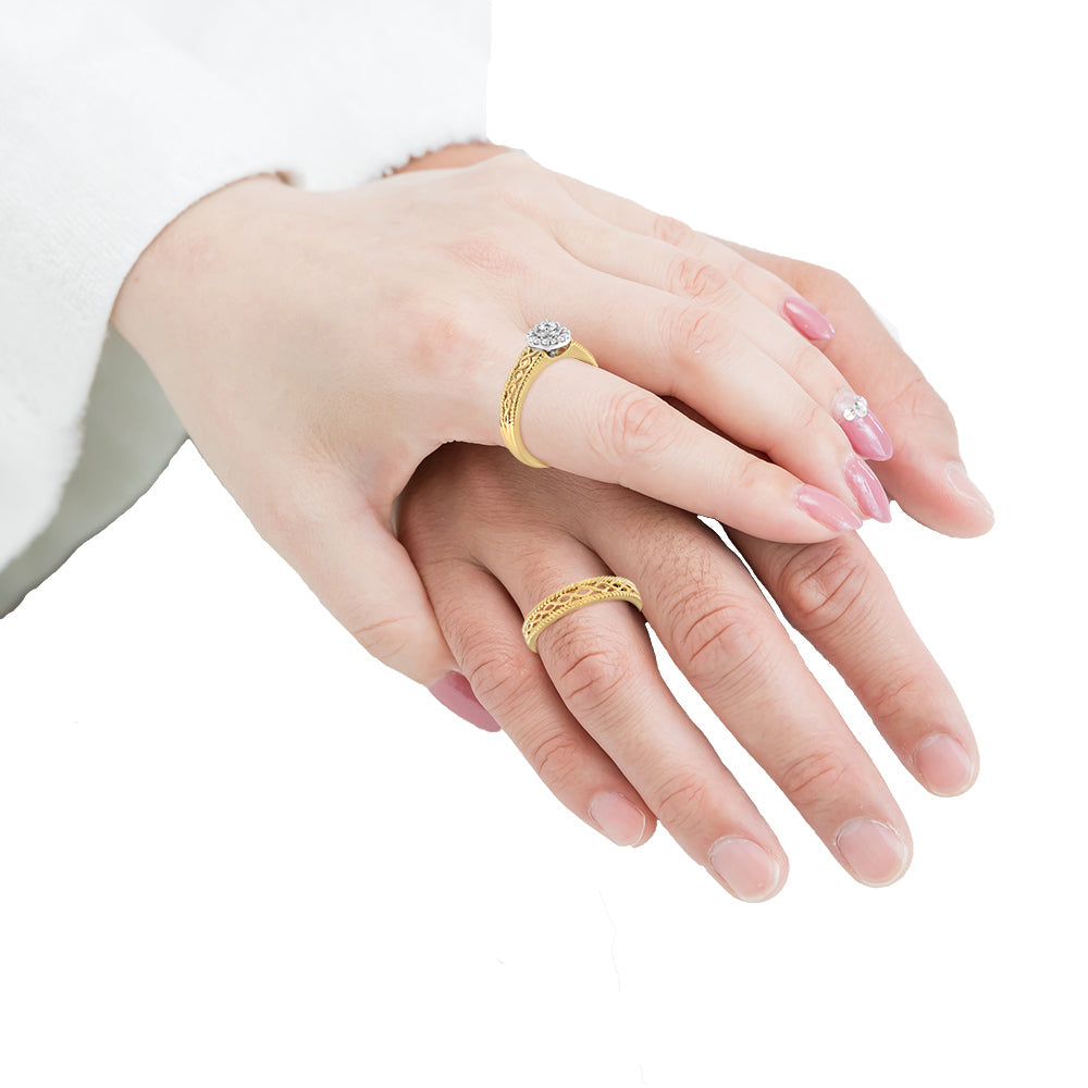 14K Yellow Gold Plated .925 Sterling Silver 1/5 Cttw Diamond Halo Engagement Ring and Wedding Band Set (I-J Color, I3 Clarity) - Friggin Jewelry