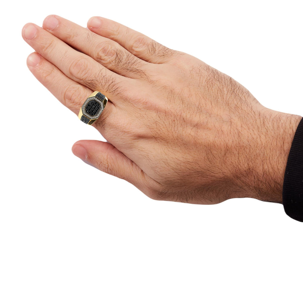 Anillo de sello para hombre en plata de ley 925 bañada en oro amarillo de 14 quilates con diamantes blancos y negros de 1 1/4 quilates (color negro/IJ, claridad I2-I3) - Friggin Jewelry