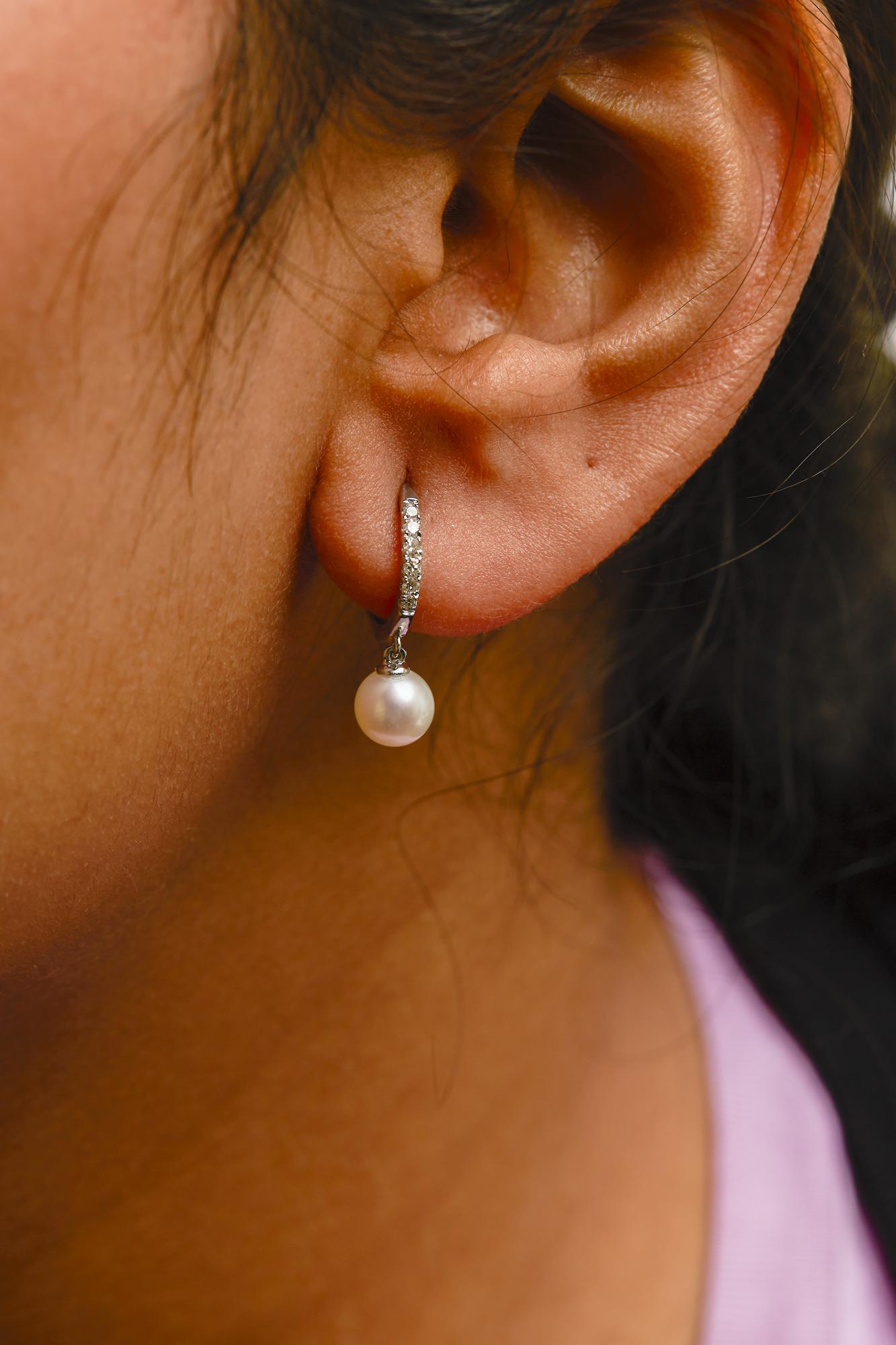 10K White Gold 6x6 MM Cultured Freshwater Pearl and Diamond Accent Drop Huggy Earring (H-I Color, I1-I2 Clarity) - Friggin Jewelry
